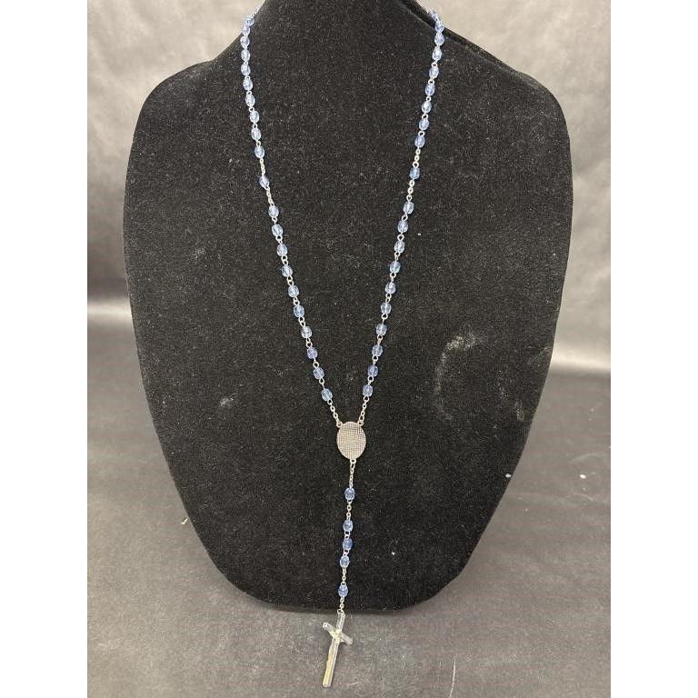 Vintage Religious Rosary with Virgin Mary and Jesus Medal and Blue Clear Beads - A+ Stuff - Religious Items - A+ Stuff