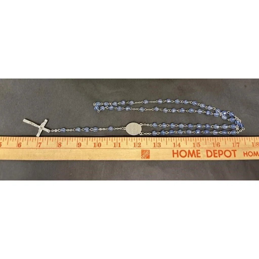 Vintage Religious Rosary with Virgin Mary and Jesus Medal and Blue Clear Beads - A+ Stuff - Religious Items - A+ Stuff