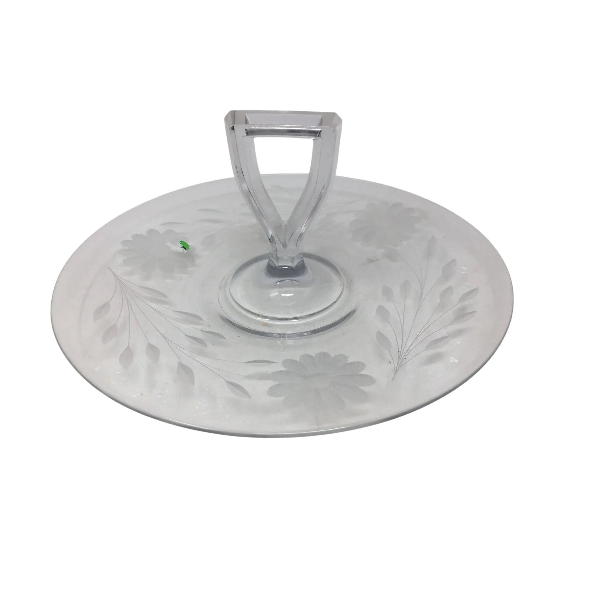 Vintage Round Clear Glass Floral Etched Plate/Platter with Center Handle - A+ Stuff - Plates - A+ Stuff