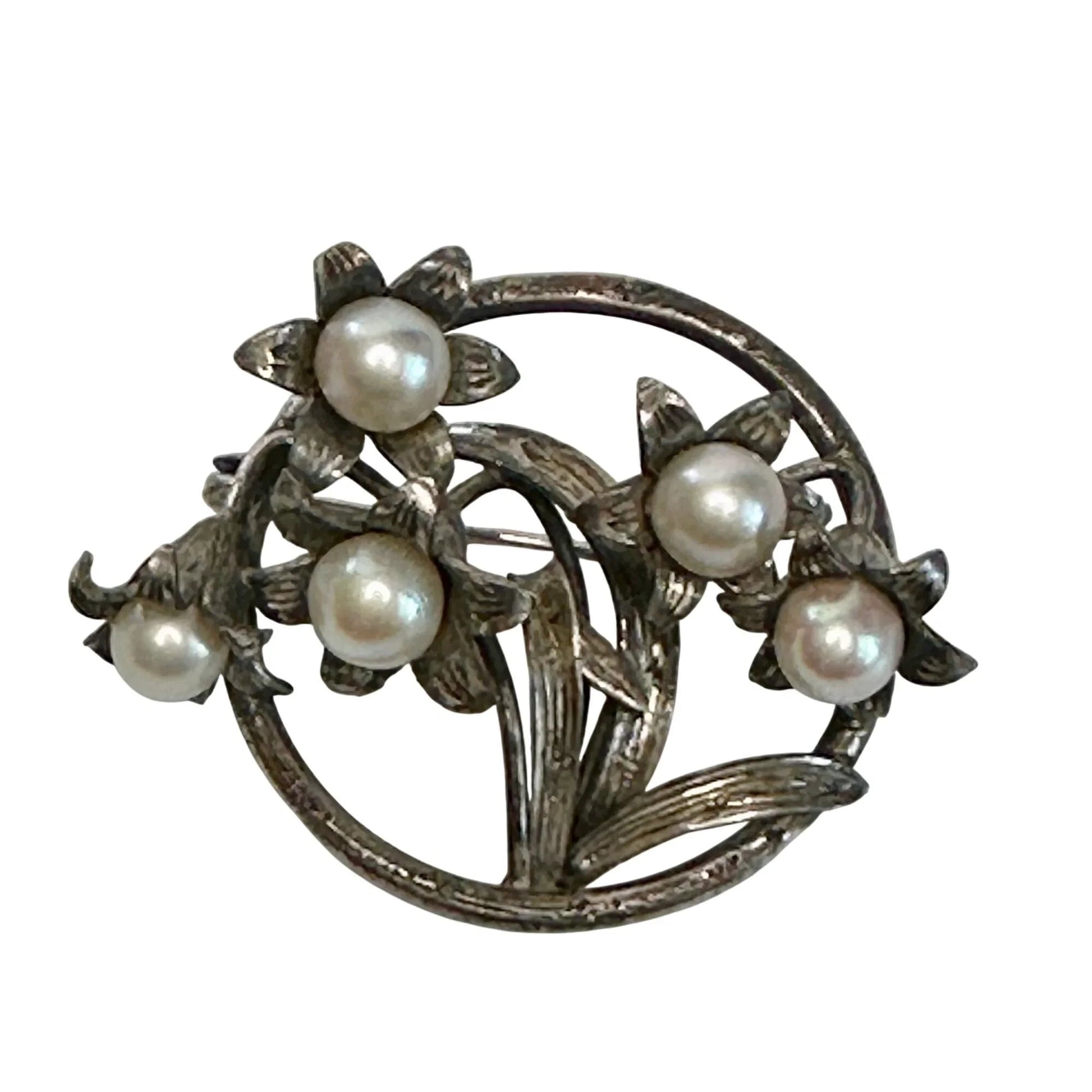 Vintage Round Silver Tone Brooch with Faux Pearls and Flowers on it - A+ Stuff - Brooch - A+ Stuff