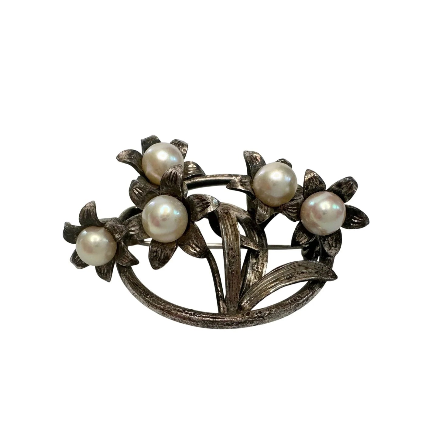 Vintage Round Silver Tone Brooch with Faux Pearls and Flowers on it - A+ Stuff - Brooch - A+ Stuff