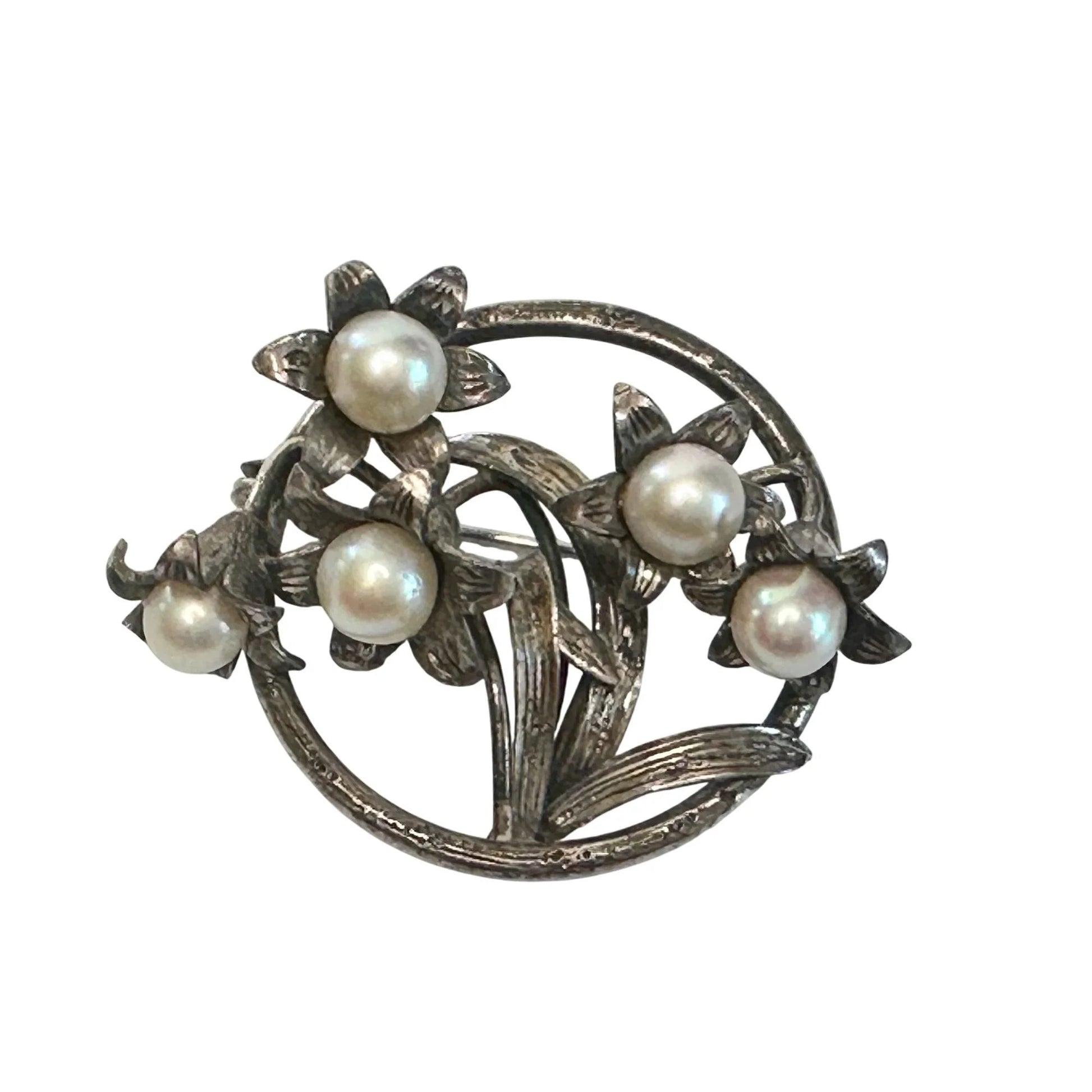 Vintage Round Silver Tone Brooch with Faux Pearls and Flowers on it - A+ Stuff - Brooch - A+ Stuff