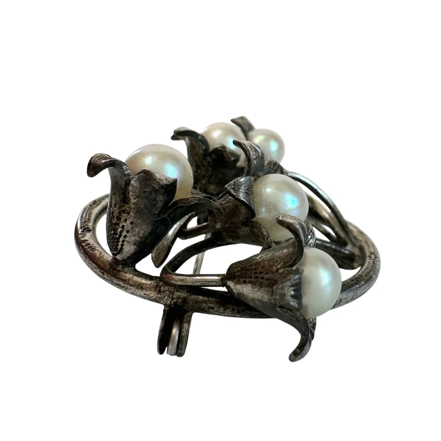 Vintage Round Silver Tone Brooch with Faux Pearls and Flowers on it - A+ Stuff - Brooch - A+ Stuff
