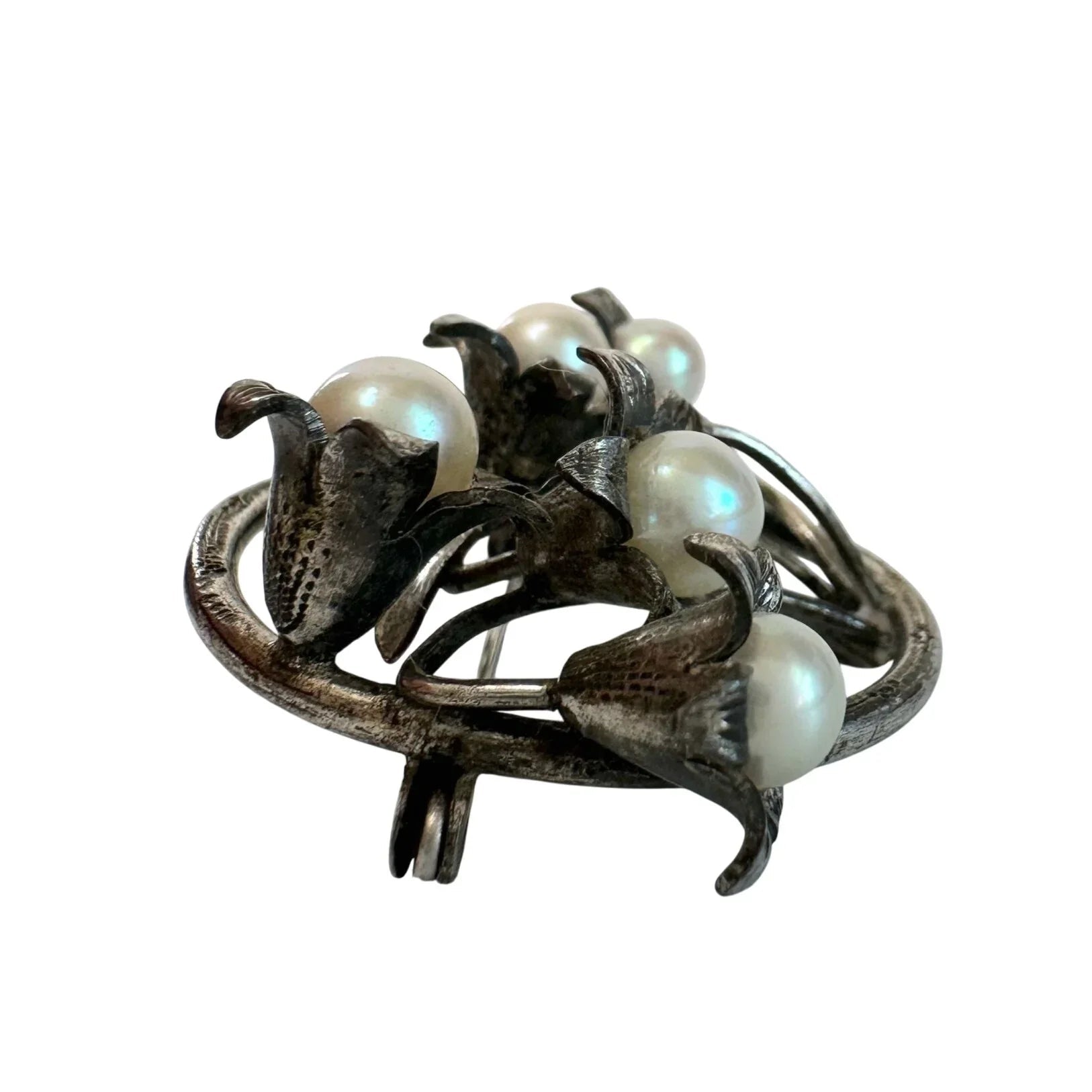 Vintage Round Silver Tone Brooch with Faux Pearls and Flowers on it - A+ Stuff - Brooch - A+ Stuff