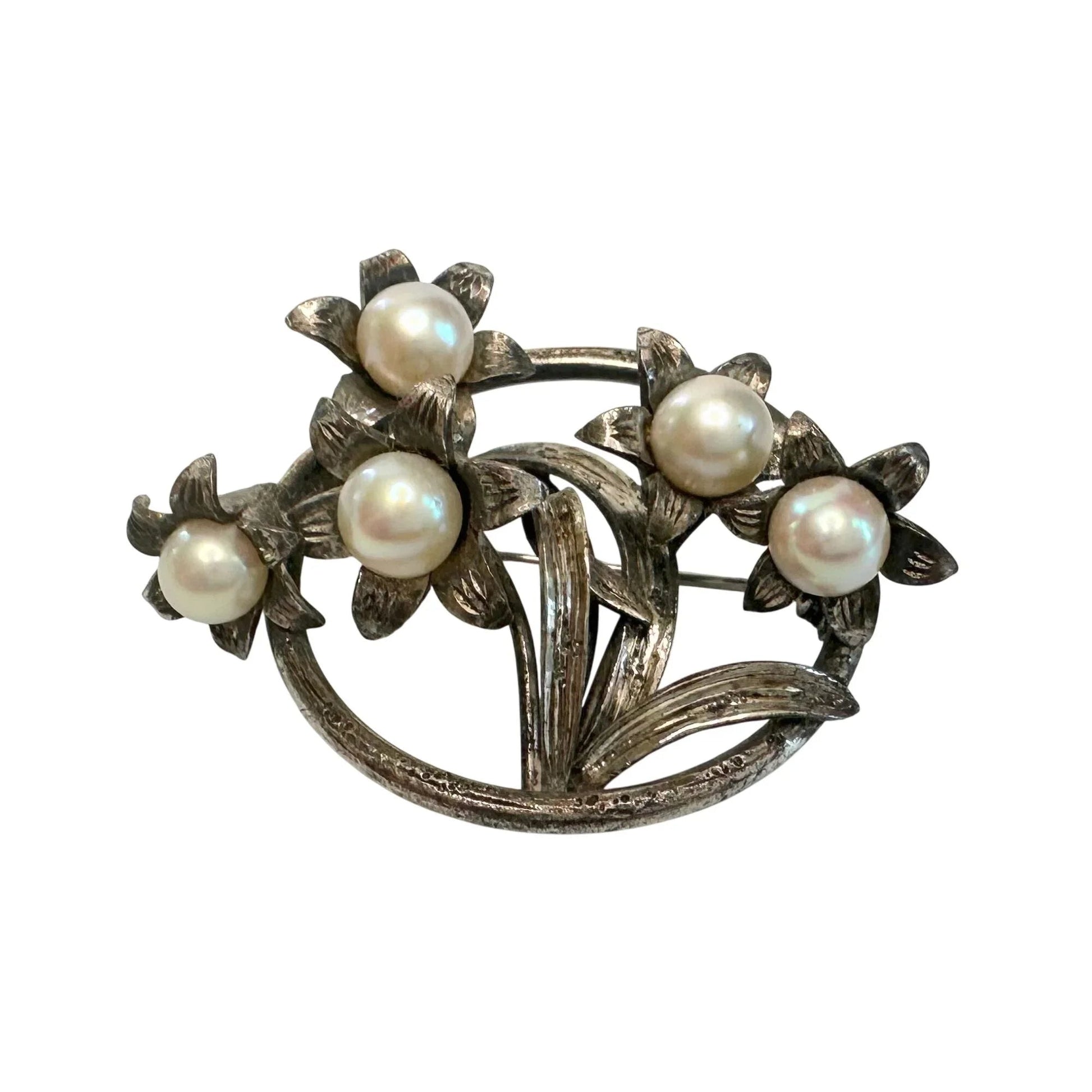 Vintage Round Silver Tone Brooch with Faux Pearls and Flowers on it - A+ Stuff - Brooch - A+ Stuff