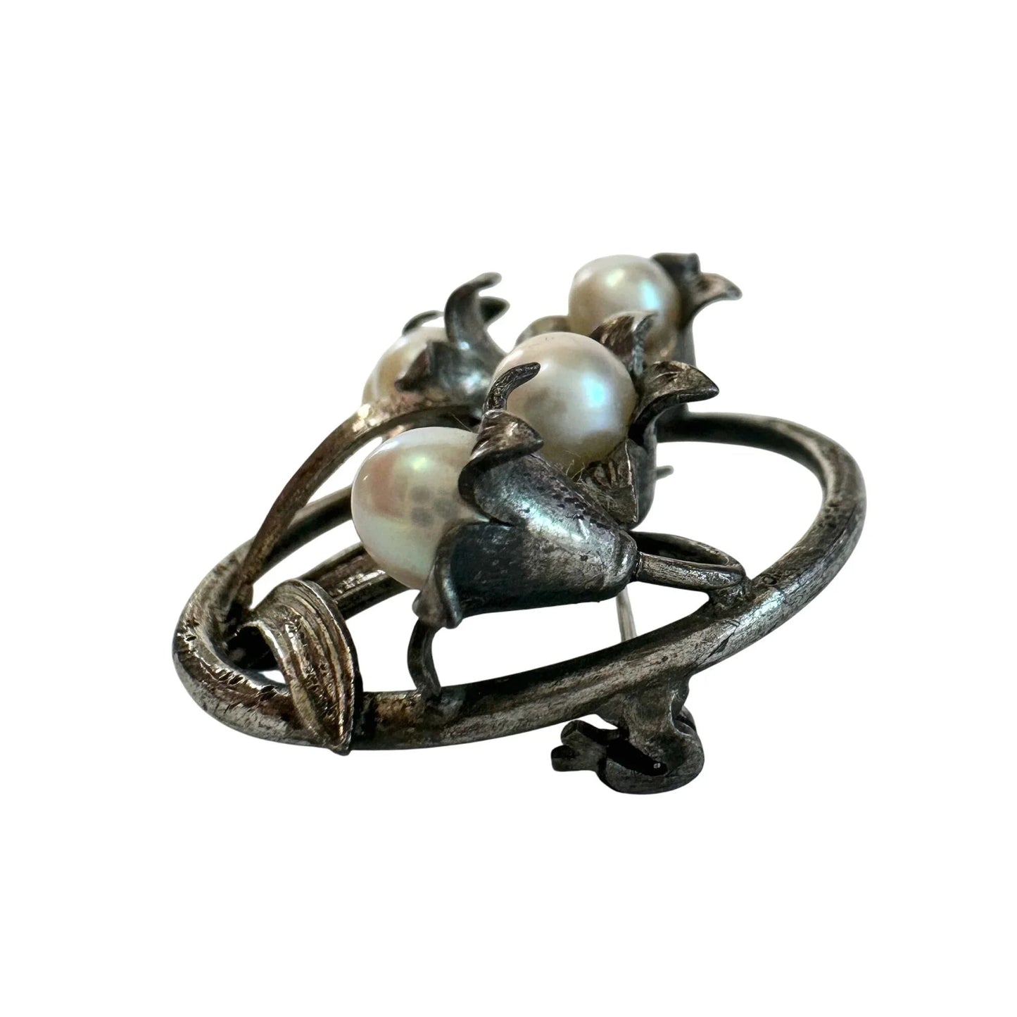 Vintage Round Silver Tone Brooch with Faux Pearls and Flowers on it - A+ Stuff - Brooch - A+ Stuff