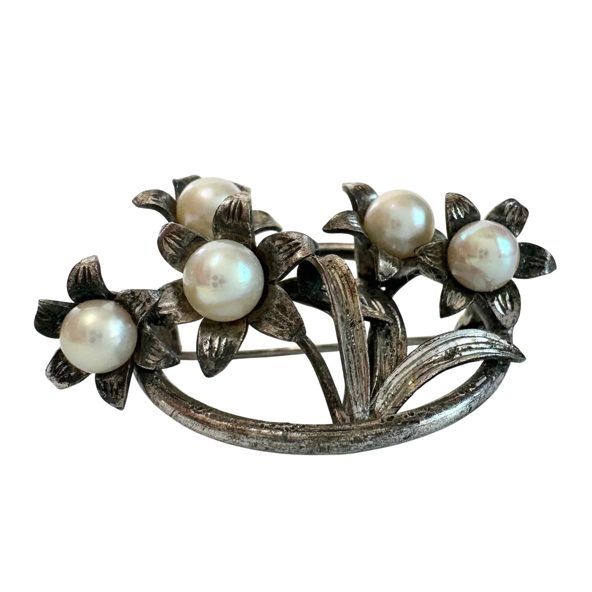 Vintage Round Silver Tone Brooch with Faux Pearls and Flowers on it - A+ Stuff - Brooch - A+ Stuff