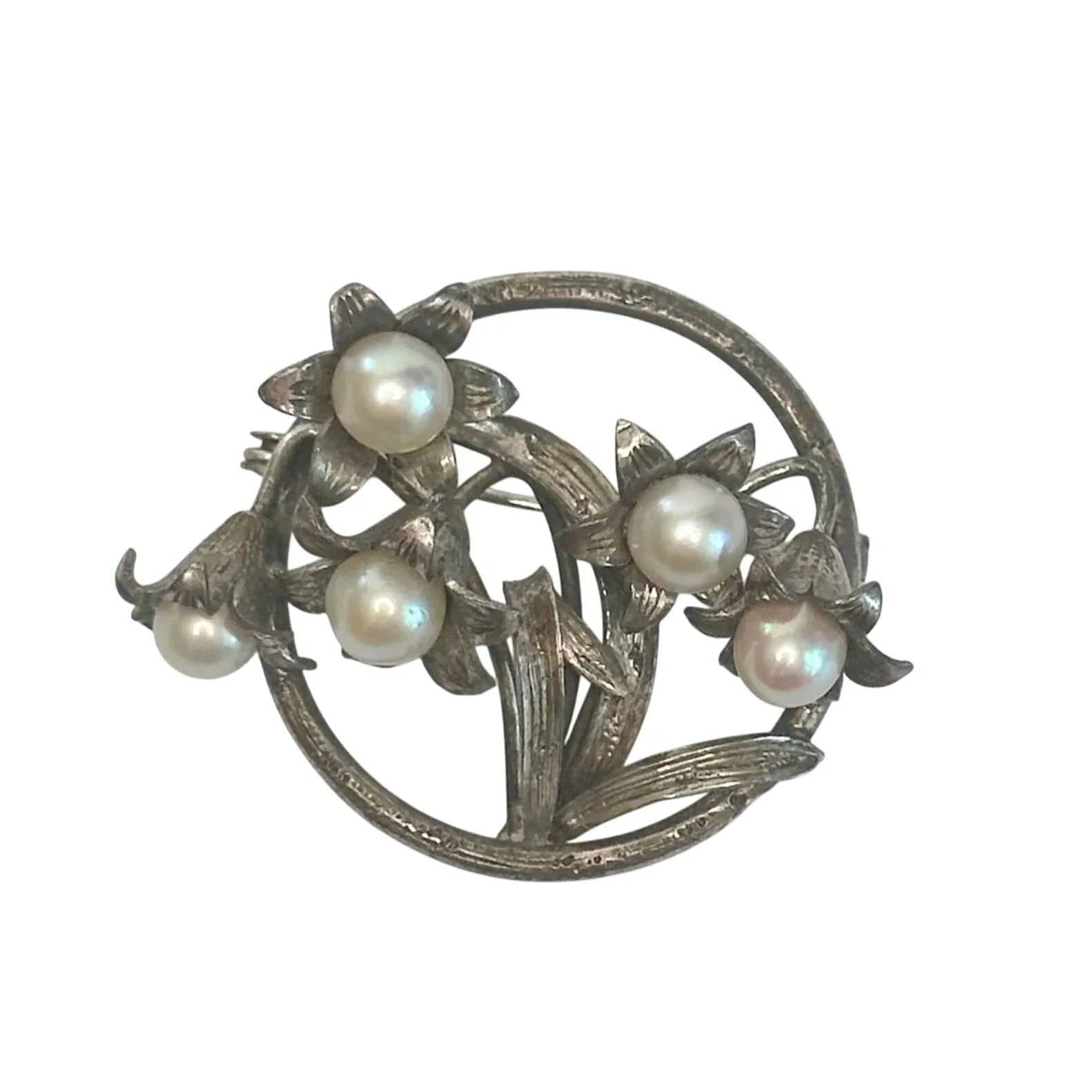 Vintage Round Silver Tone Brooch with Faux Pearls and Flowers on it - A+ Stuff - Brooch - A+ Stuff