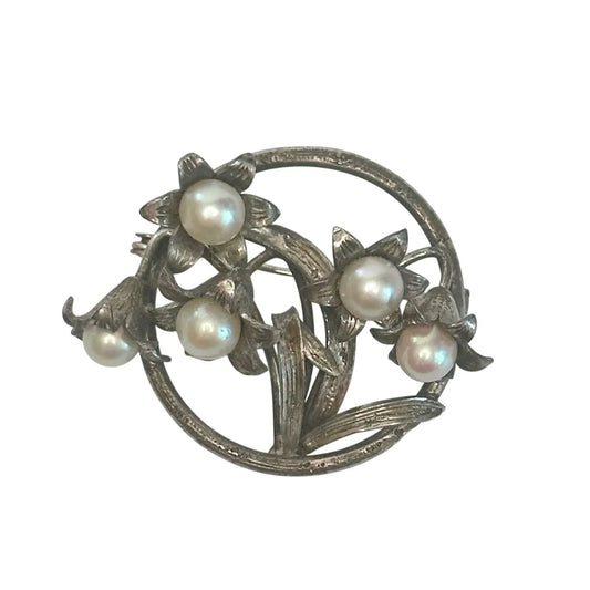 Vintage Round Silver Tone Brooch with Faux Pearls and Flowers on it - A+ Stuff - Brooch - A+ Stuff