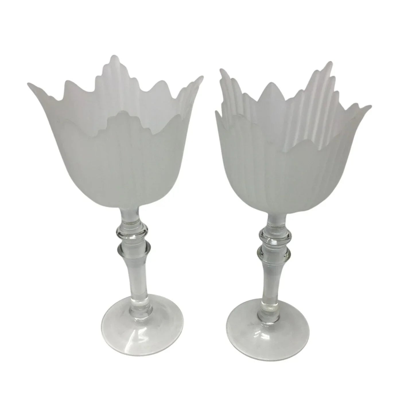 Vintage Set of 2 Romanian Pedestal Tulip Shape Frosted Clear Centerpieces/Vases - A+ Stuff