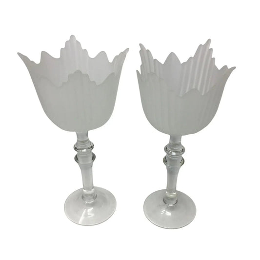 Vintage Set of 2 Romanian Pedestal Tulip Shape Frosted Clear Centerpieces/Vases - A+ Stuff