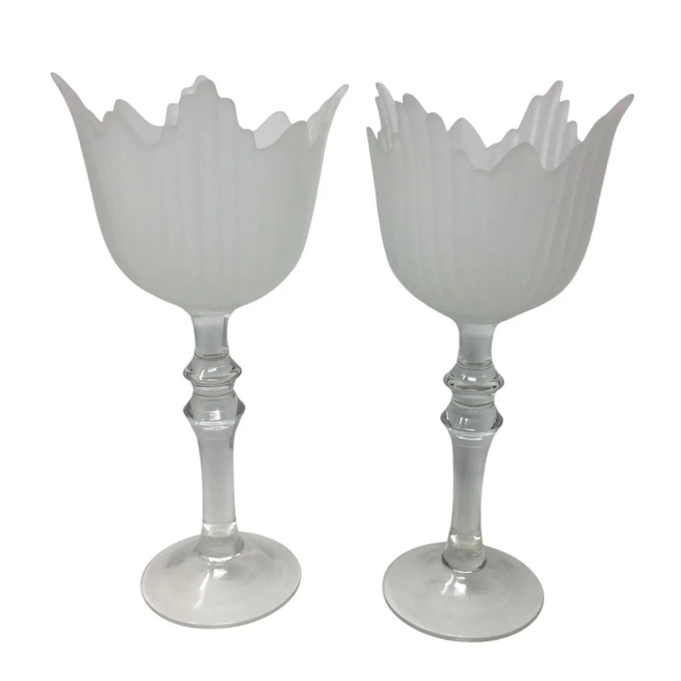 Vintage Set of 2 Romanian Pedestal Tulip Shape Frosted Clear Centerpieces/Vases - A+ Stuff