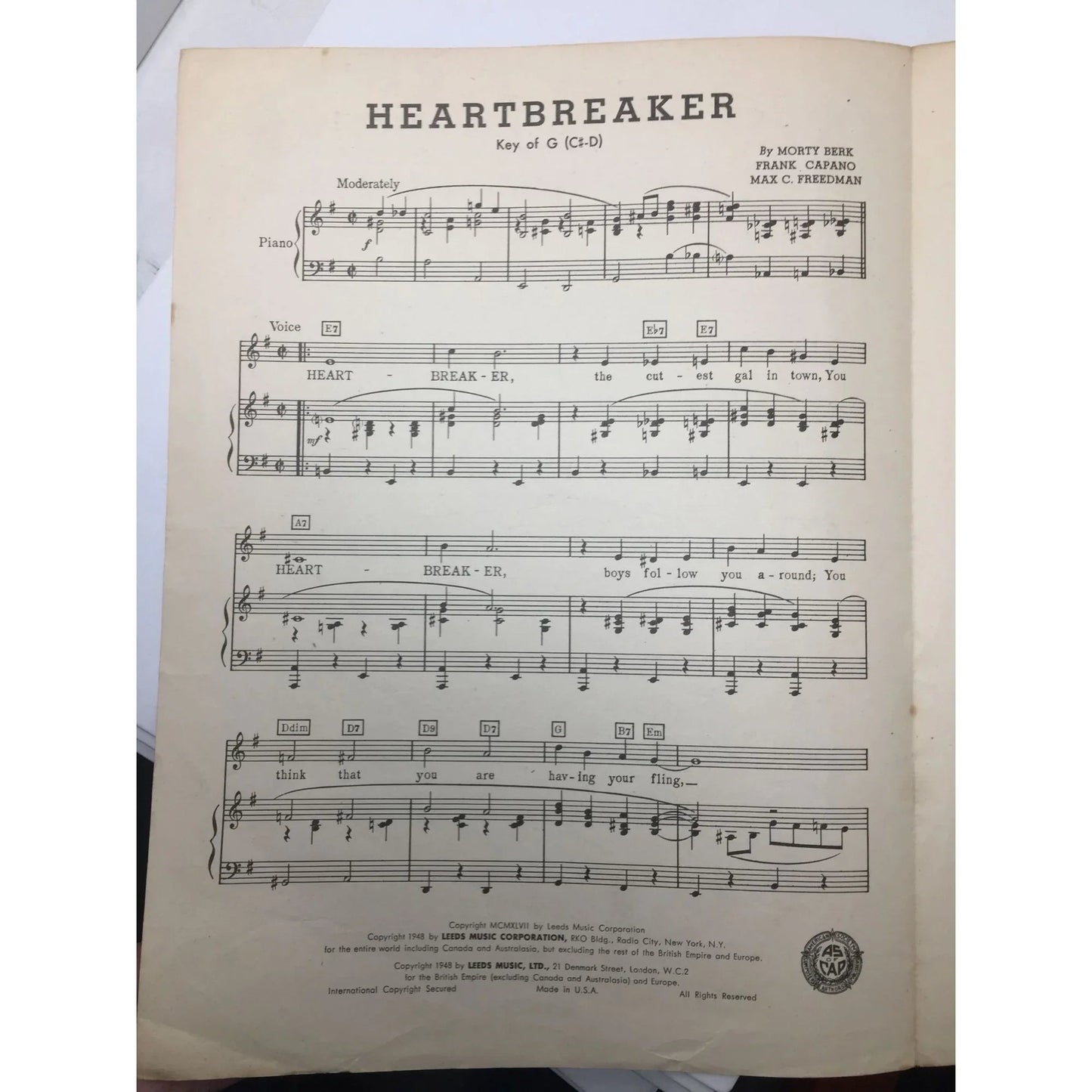 Vintage Sheet Music ''Heartbreaker'' by Morty Berk, Frank Capano, Max C Freedman - A+ Stuff - SHEET MUSIC - A+ Stuff