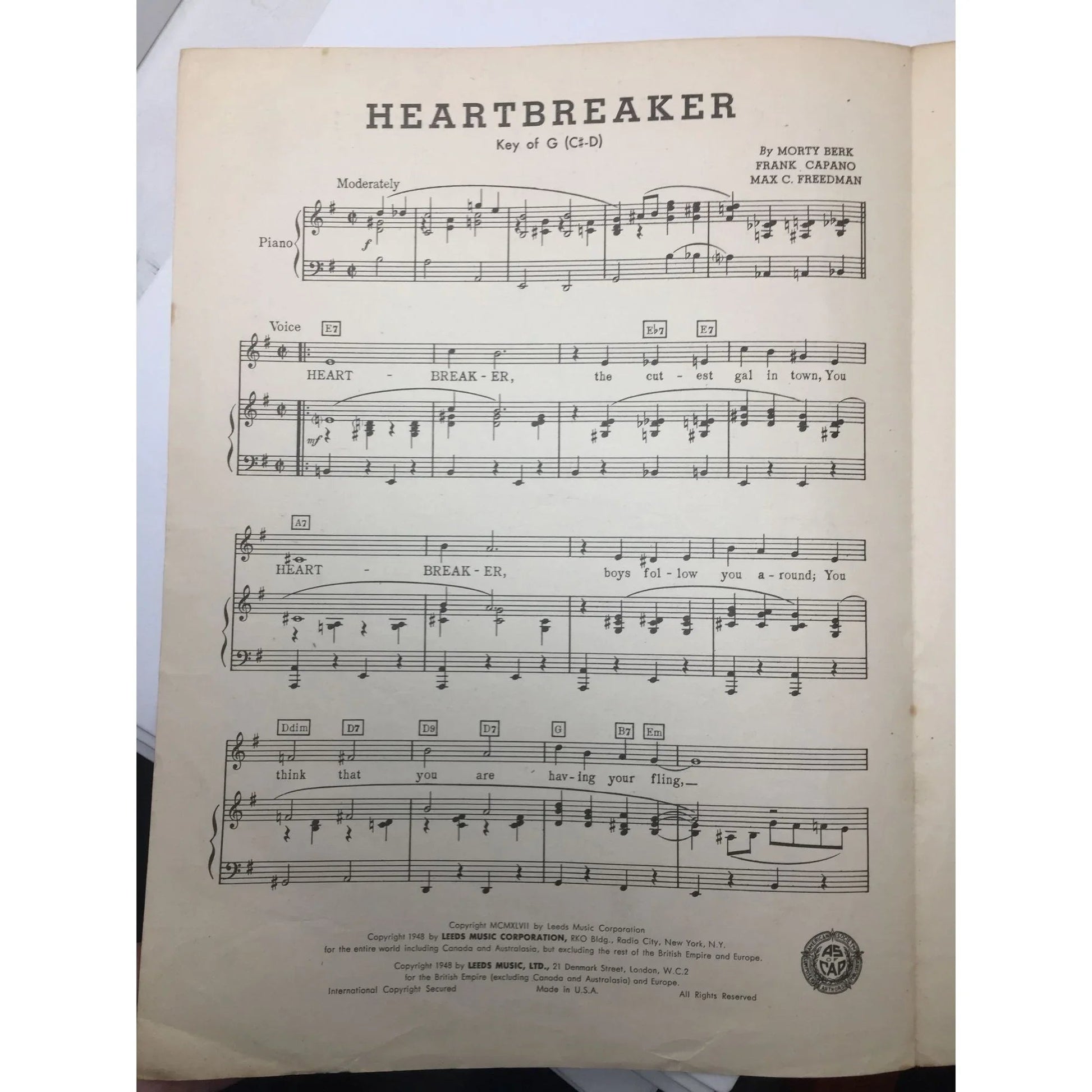 Vintage Sheet Music ''Heartbreaker'' by Morty Berk, Frank Capano, Max C Freedman - A+ Stuff - SHEET MUSIC - A+ Stuff