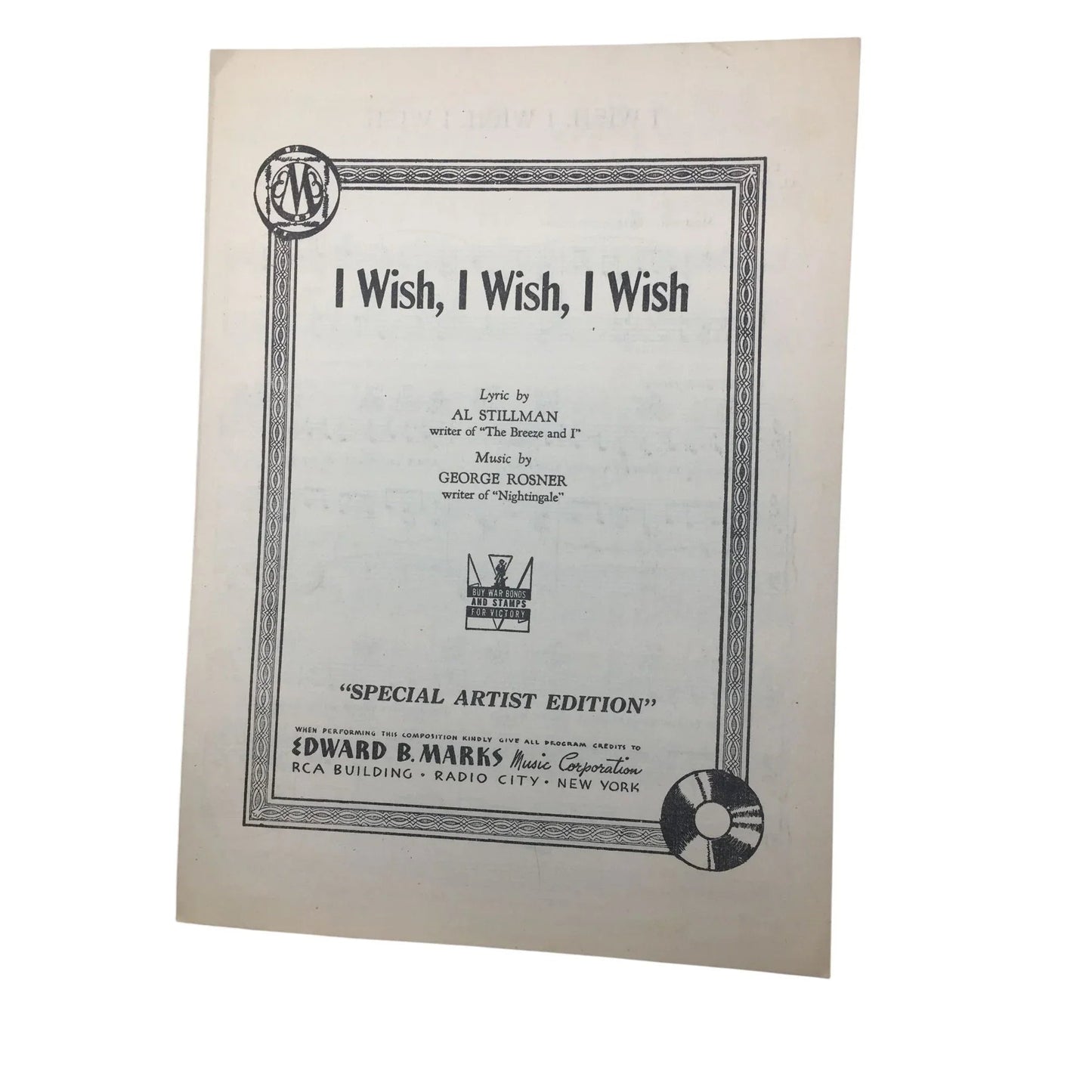 Vintage Sheet Music - ''I Wish, I Wish, I Wish'' by Al Stillman and George Rosner - A+ Stuff - SHEET MUSIC - A+ Stuff