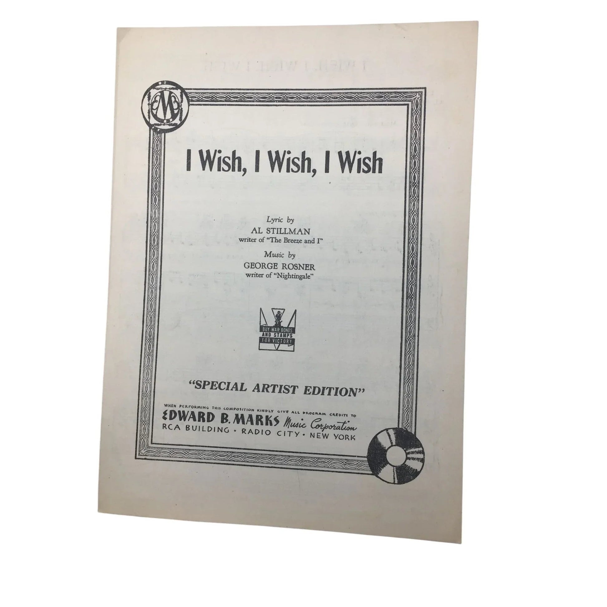 Vintage Sheet Music - ''I Wish, I Wish, I Wish'' by Al Stillman and George Rosner - A+ Stuff - SHEET MUSIC - A+ Stuff