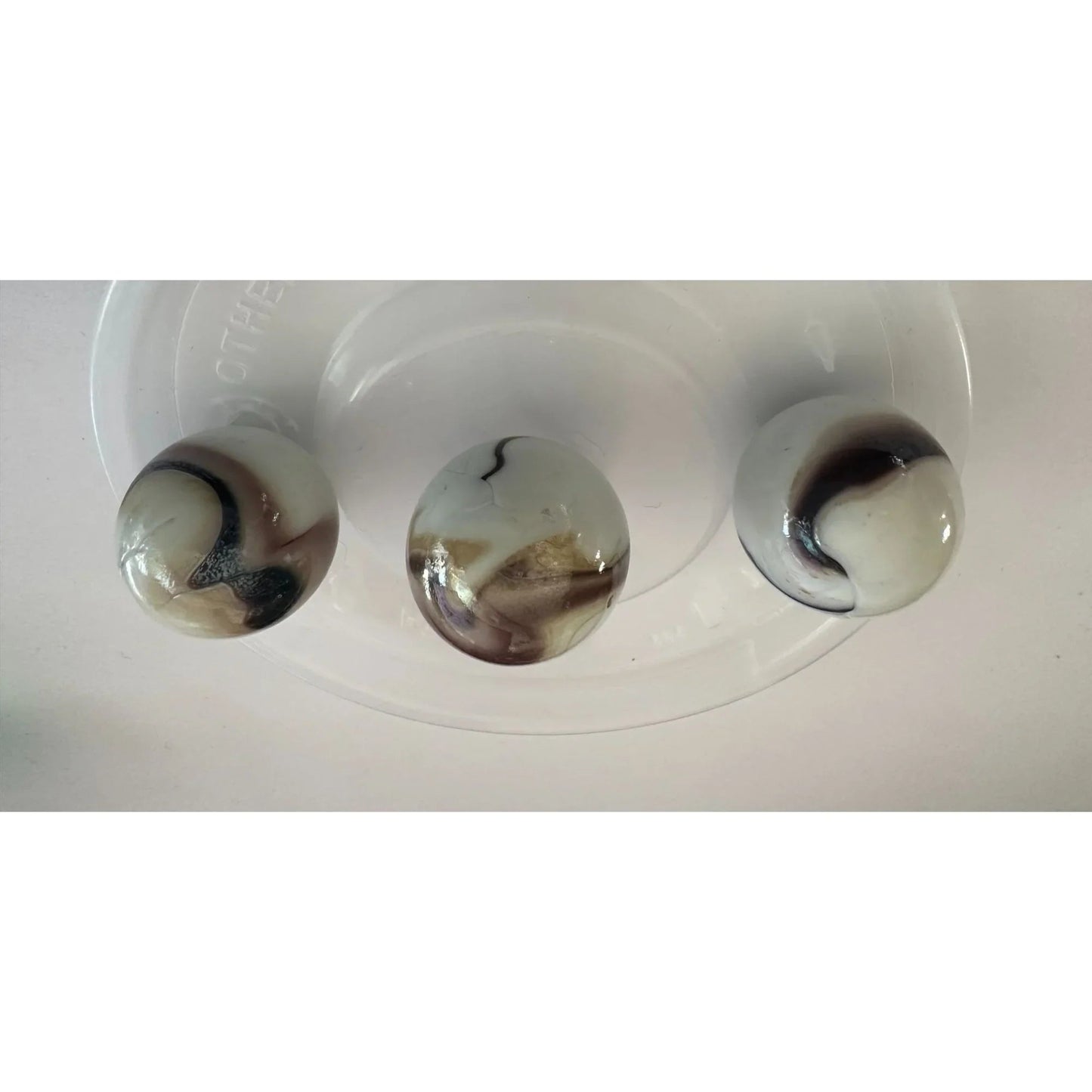Vintage Shiny White Large Glass Shooter Marbles (3) With Brown Swirls - A+ Stuff - Collectibles - A+ Stuff