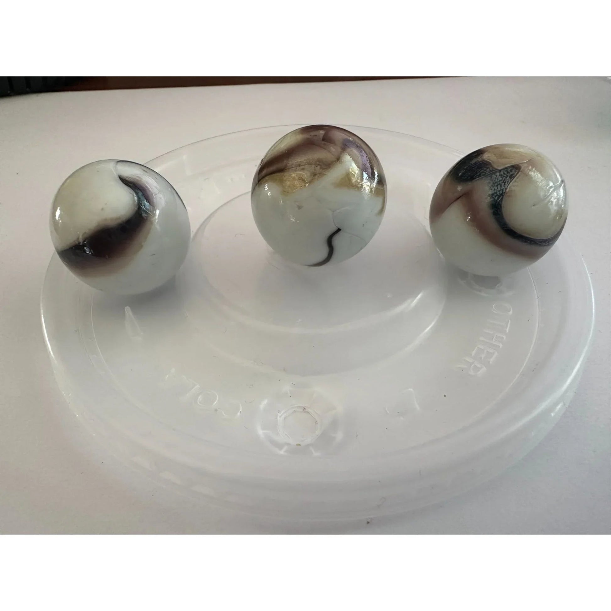 Vintage Shiny White Large Glass Shooter Marbles (3) With Brown Swirls - A+ Stuff - Collectibles - A+ Stuff