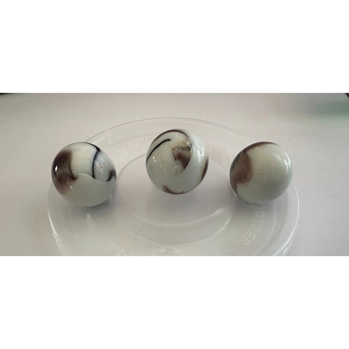 Vintage Shiny White Large Glass Shooter Marbles (3) With Brown Swirls - A+ Stuff - Collectibles - A+ Stuff