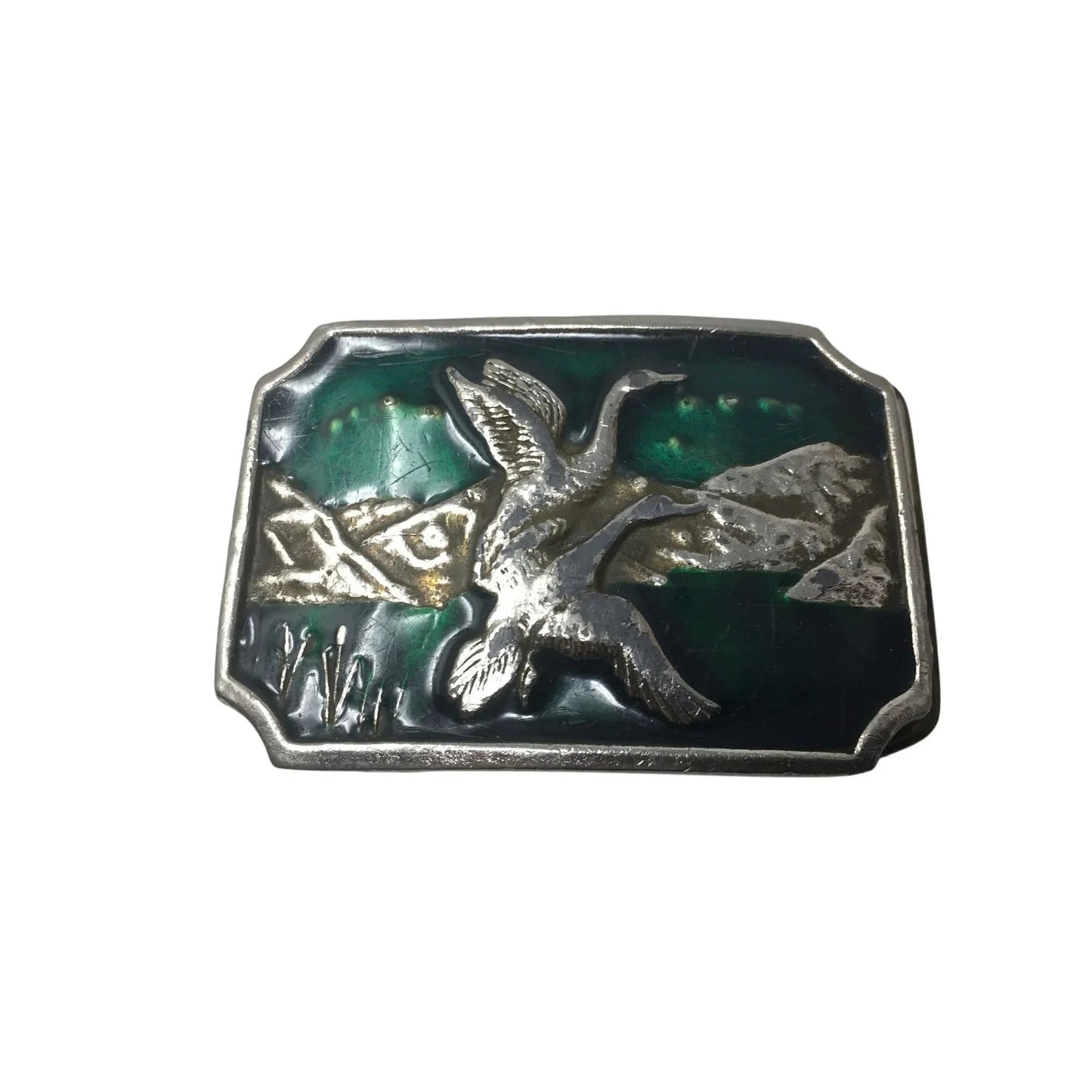 Vintage Silver and Green Men's Metal Belt Buckle with Two Flying Ducks on it - A+ Stuff - Belt Buckles - A+ Stuff