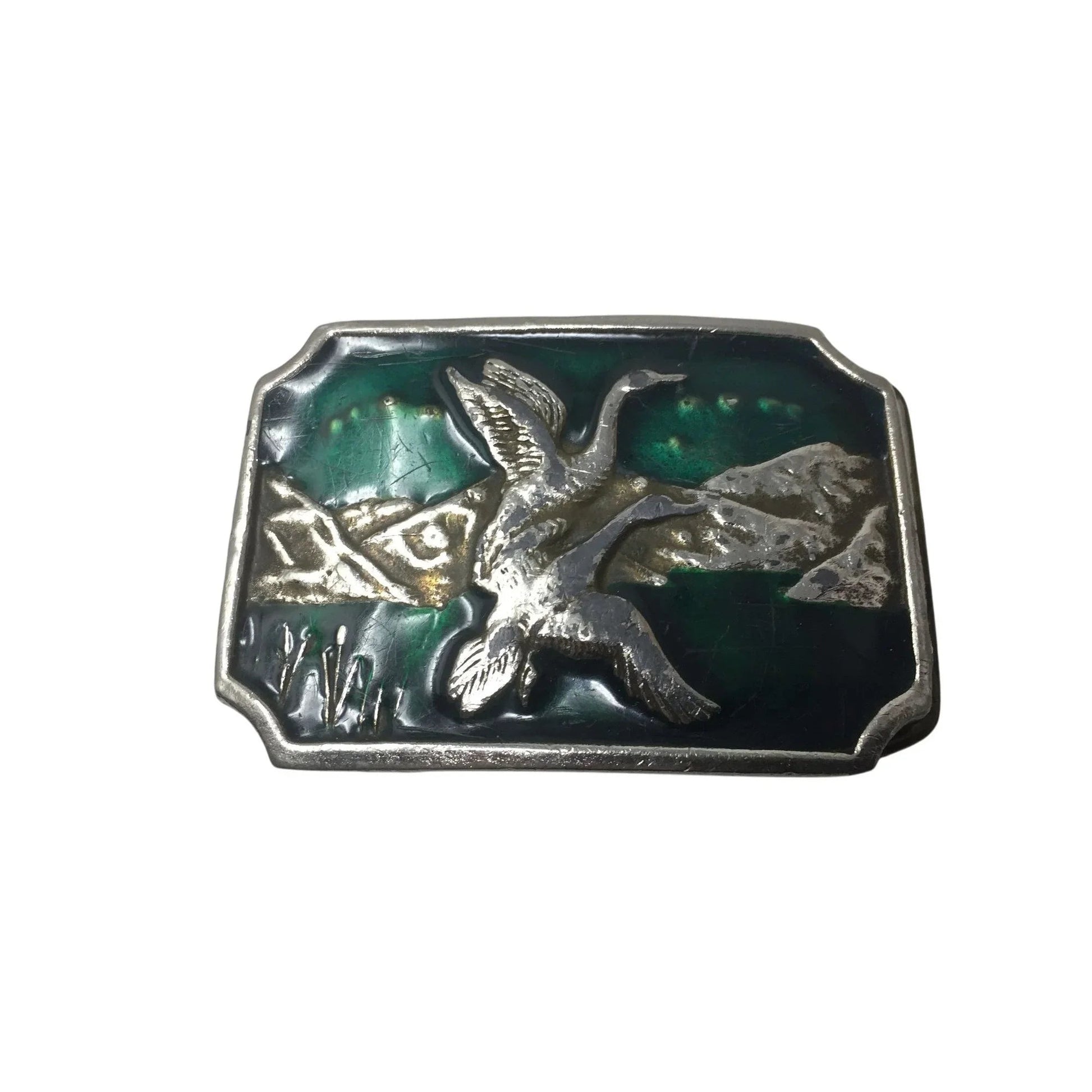 Vintage Silver and Green Men's Metal Belt Buckle with Two Flying Ducks on it - A+ Stuff - Belt Buckles - A+ Stuff