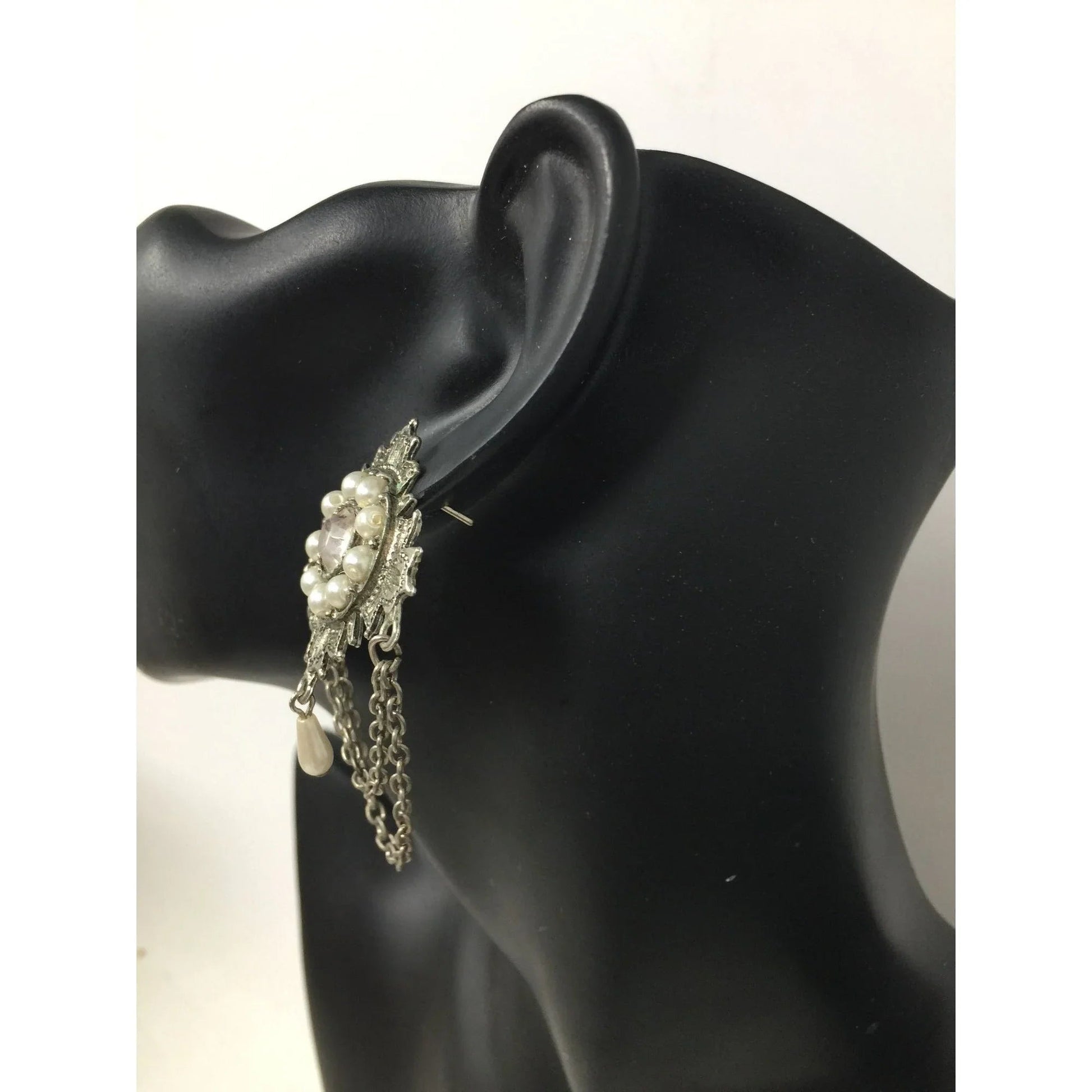 Vintage Silver Tone Faux Pearl & Rhinestone Chain Statement Dangle Earrings - A+ Stuff - Earrings - A+ Stuff
