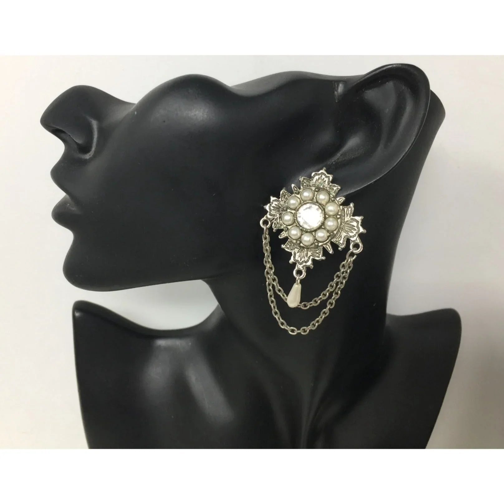 Vintage Silver Tone Faux Pearl & Rhinestone Chain Statement Dangle Earrings - A+ Stuff - Earrings - A+ Stuff