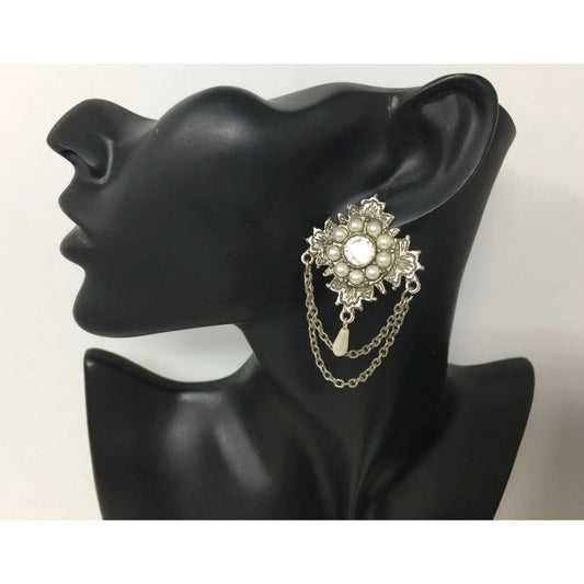 Vintage Silver Tone Faux Pearl & Rhinestone Chain Statement Dangle Earrings - A+ Stuff - Earrings - A+ Stuff