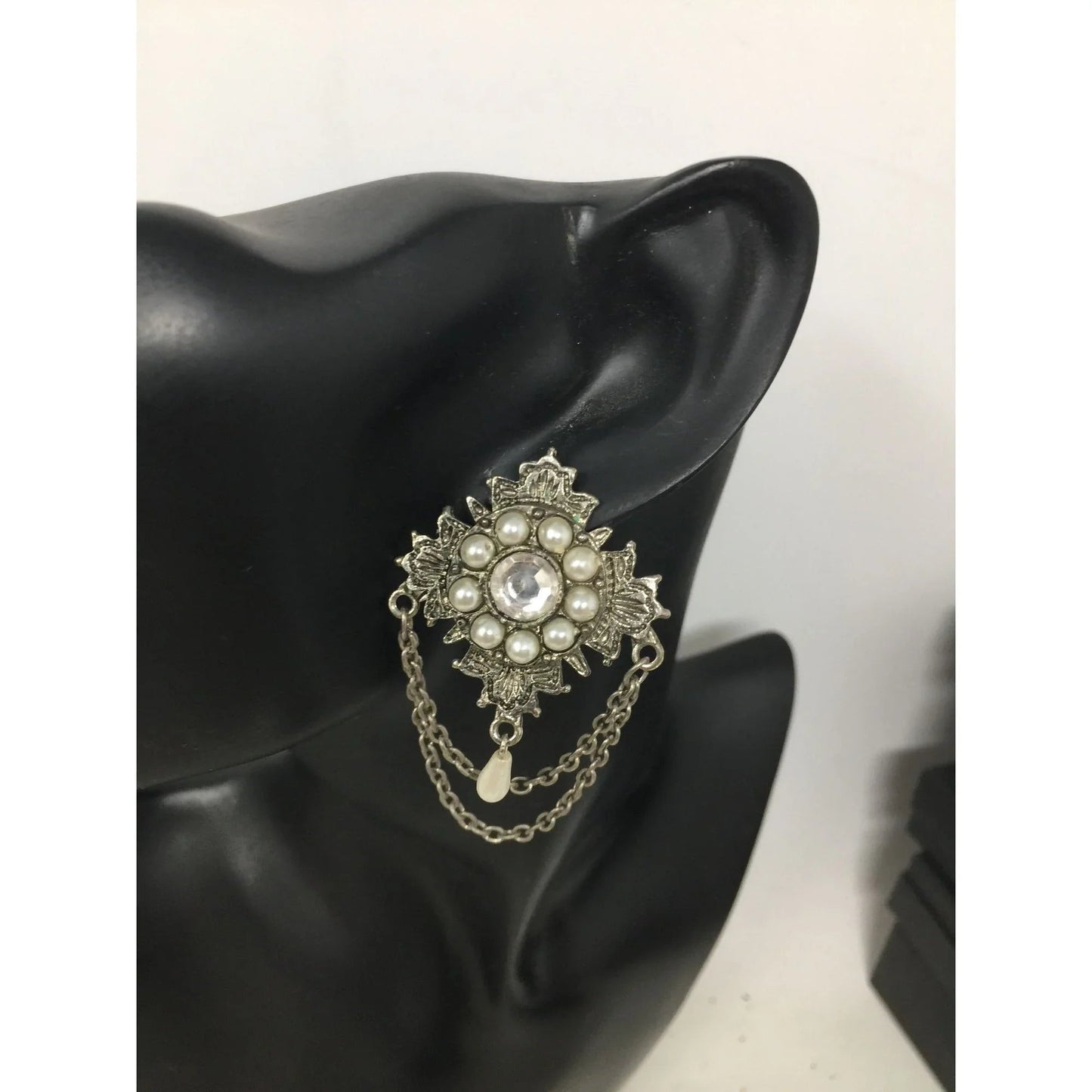 Vintage Silver Tone Faux Pearl & Rhinestone Chain Statement Dangle Earrings - A+ Stuff - Earrings - A+ Stuff