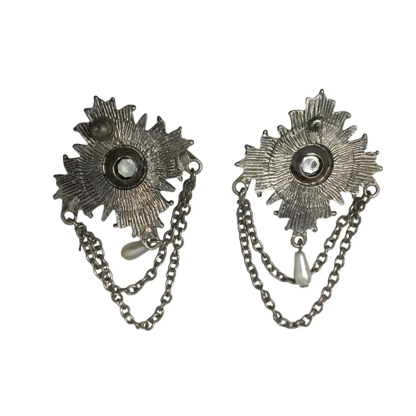 Vintage Silver Tone Faux Pearl & Rhinestone Chain Statement Dangle Earrings - A+ Stuff - Earrings - A+ Stuff