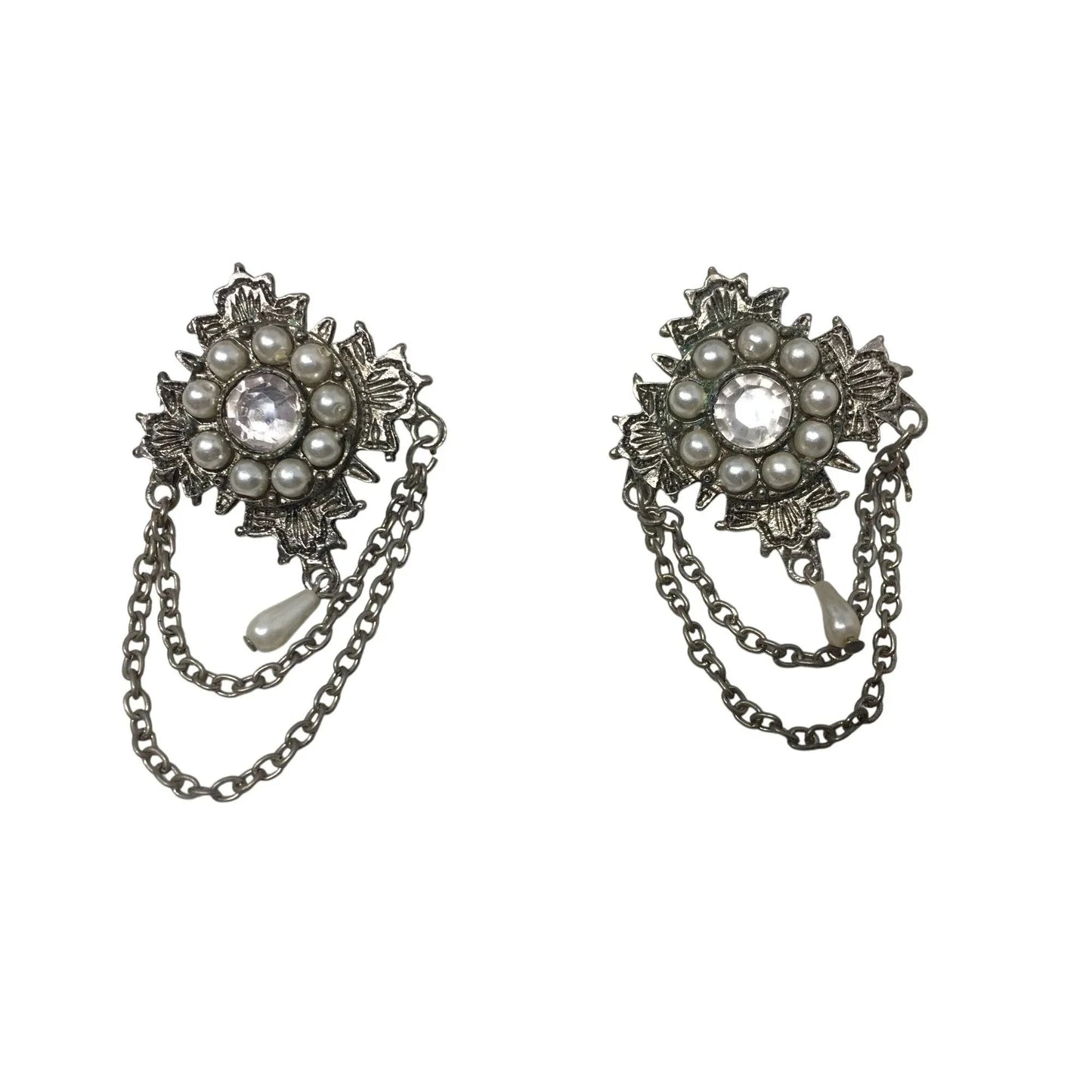 Vintage Silver Tone Faux Pearl & Rhinestone Chain Statement Dangle Earrings - A+ Stuff - Earrings - A+ Stuff