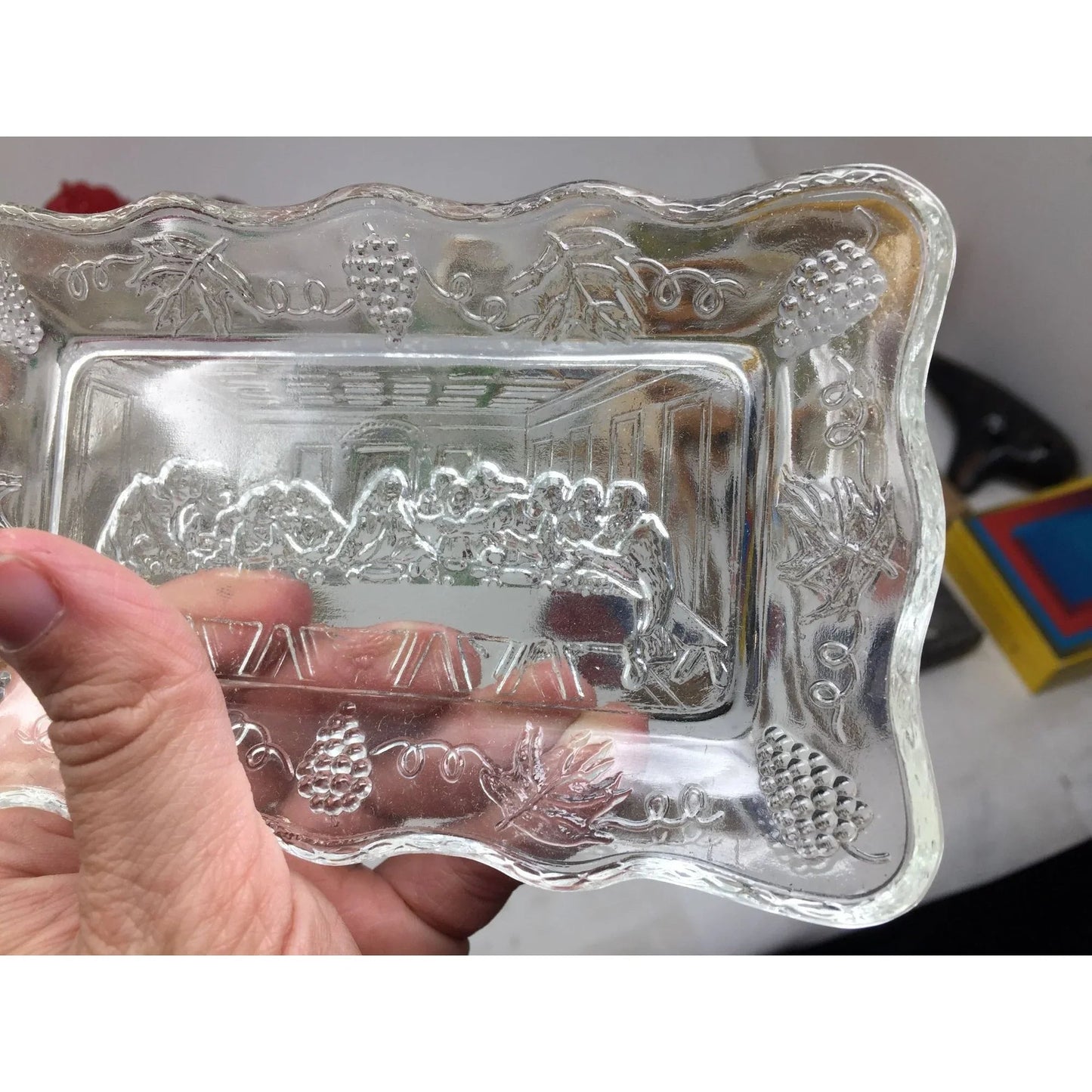 Vintage Small Clear Glass ''The Lord's Last Supper'' Rectangular Butter Dish - A+ Stuff - Glass - A+ Stuff