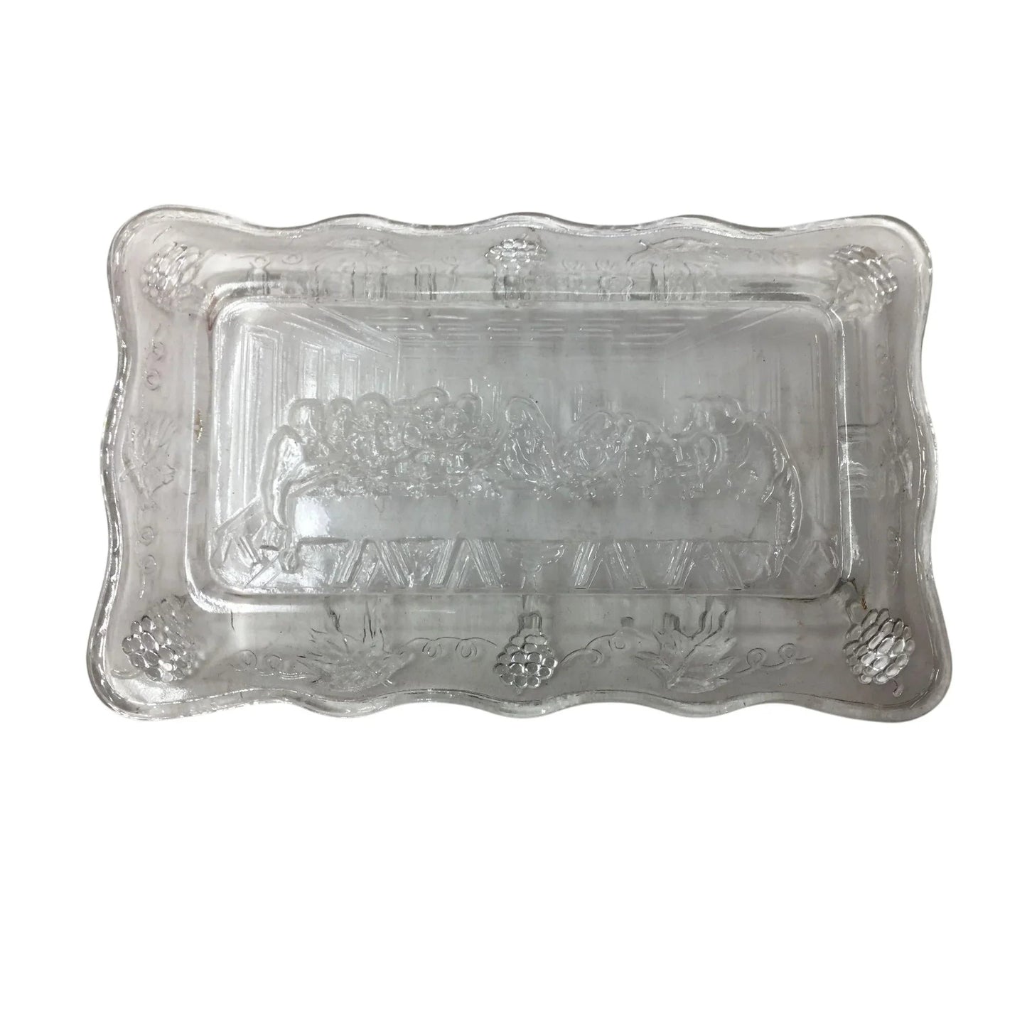Vintage Small Clear Glass ''The Lord's Last Supper'' Rectangular Butter Dish - A+ Stuff - Glass - A+ Stuff