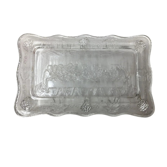 Vintage Small Clear Glass ''The Lord's Last Supper'' Rectangular Butter Dish - A+ Stuff - Glass - A+ Stuff