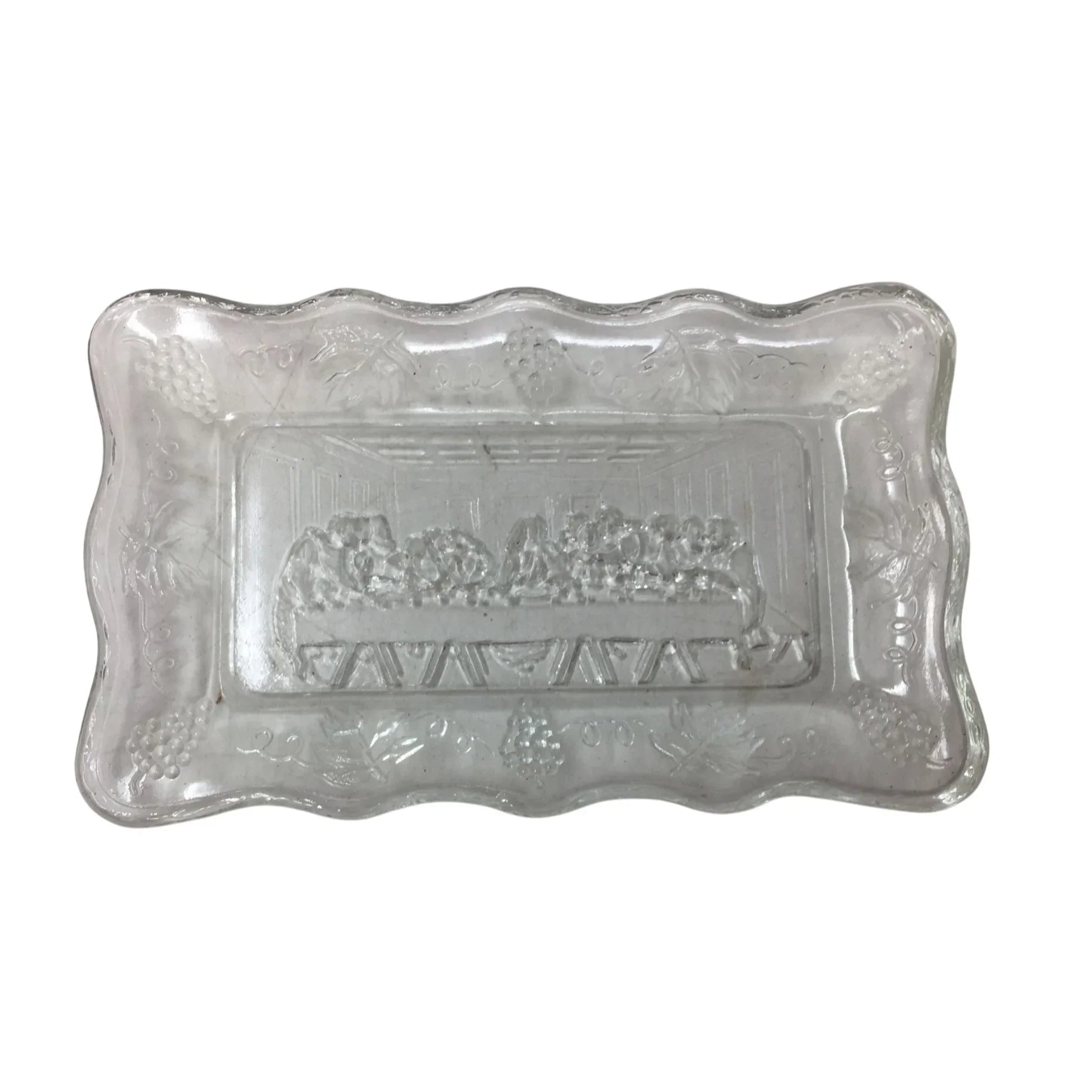 Vintage Small Clear Glass ''The Lord's Last Supper'' Rectangular Butter Dish - A+ Stuff - Glass - A+ Stuff
