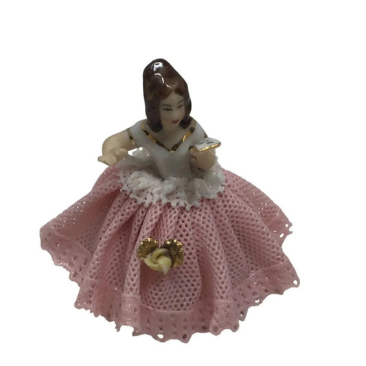 Vintage Small Franz Wittwer Dresden Lace Porcelain Lady In Pink Dress Figurine - A+ Stuff - Figurines - A+ Stuff