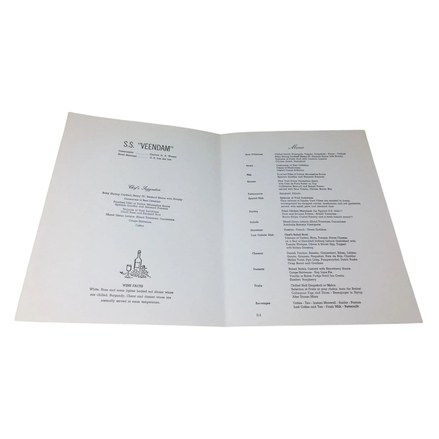 Vintage S.S "Veedam" Dinner Menu from Holland America Cruises - unbranded - A+ Stuff