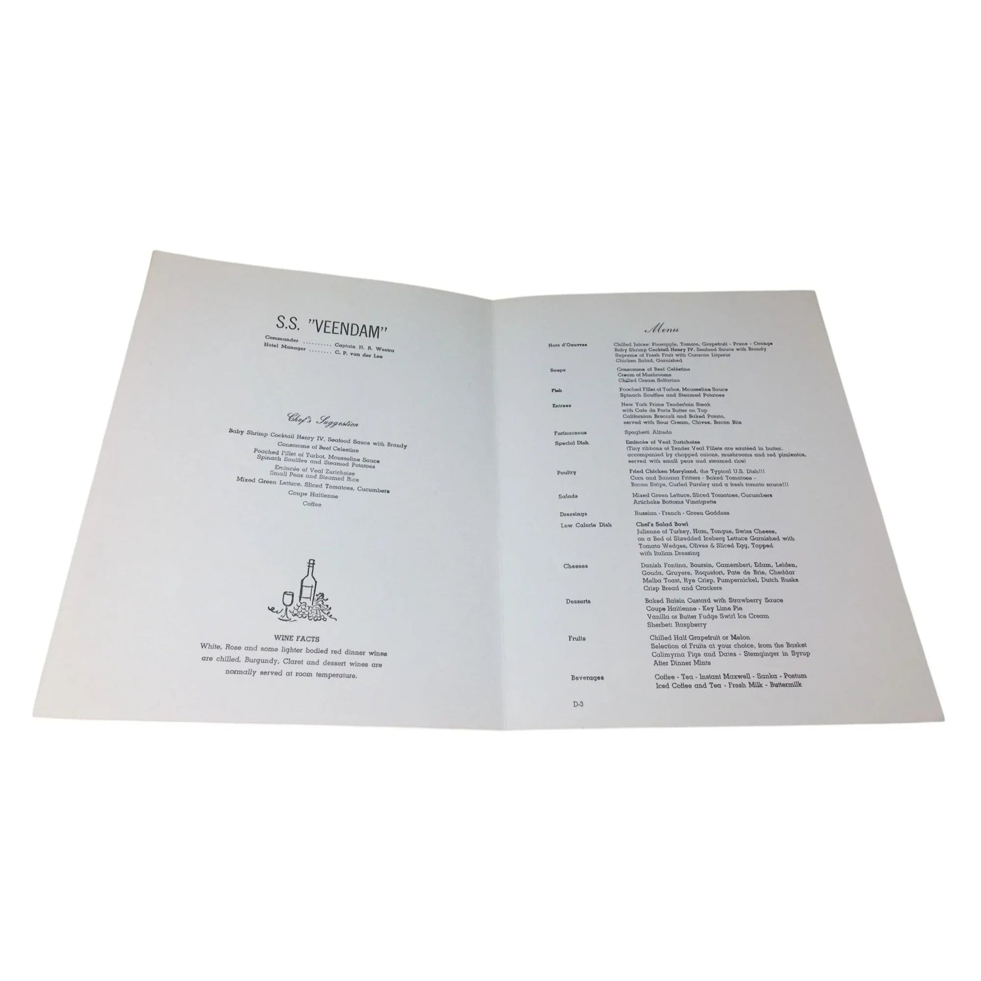 Vintage S.S "Veedam" Dinner Menu from Holland America Cruises - unbranded - A+ Stuff