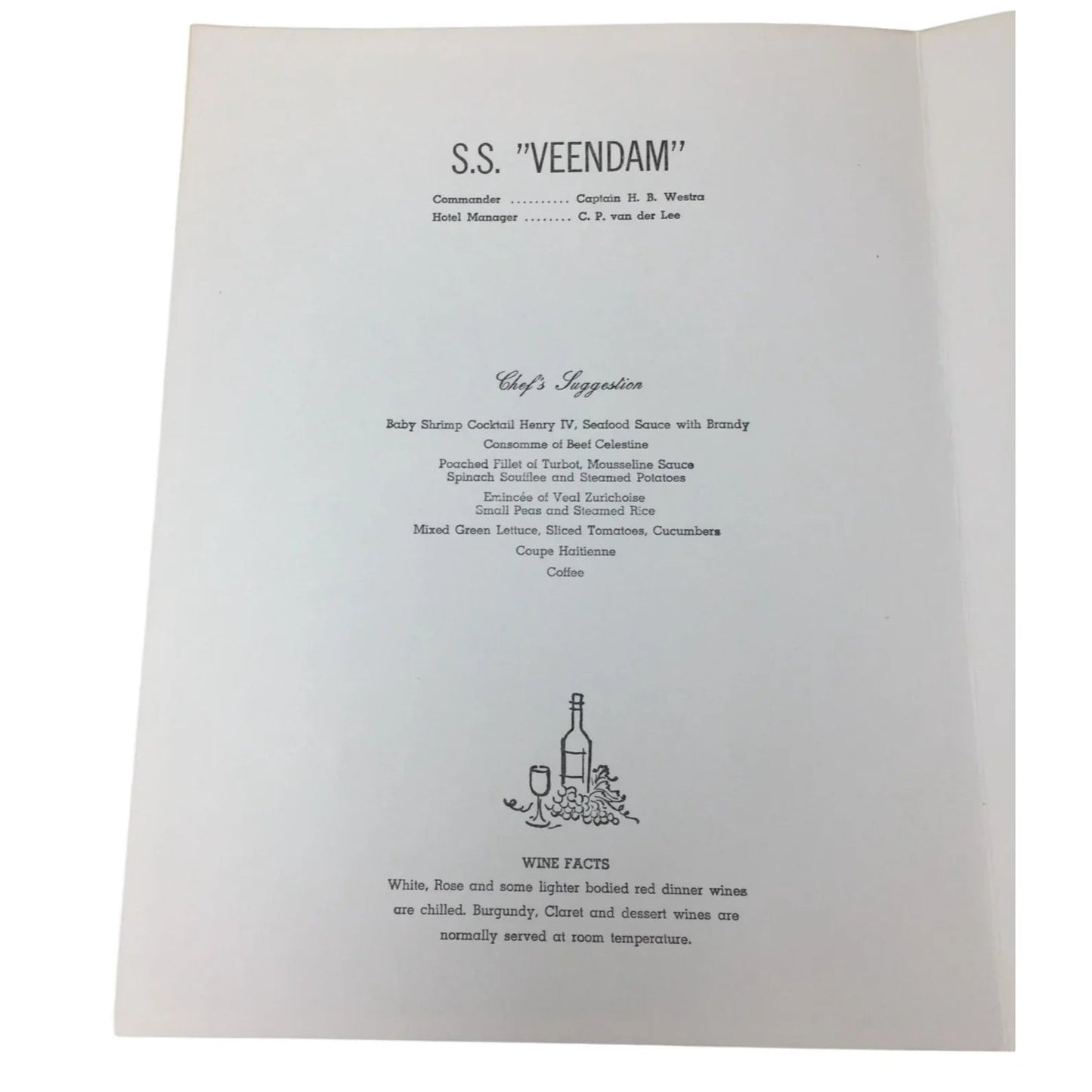 Vintage S.S "Veedam" Dinner Menu from Holland America Cruises - unbranded - A+ Stuff