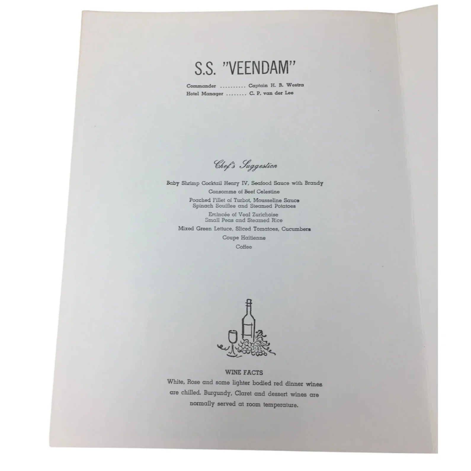 Vintage S.S "Veedam" Dinner Menu from Holland America Cruises - unbranded - A+ Stuff