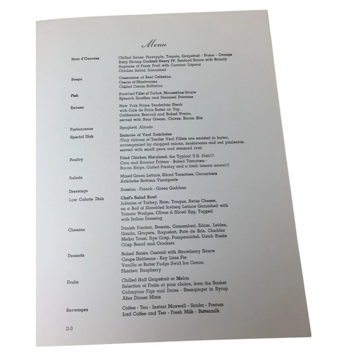 Vintage S.S "Veedam" Dinner Menu from Holland America Cruises - unbranded - A+ Stuff