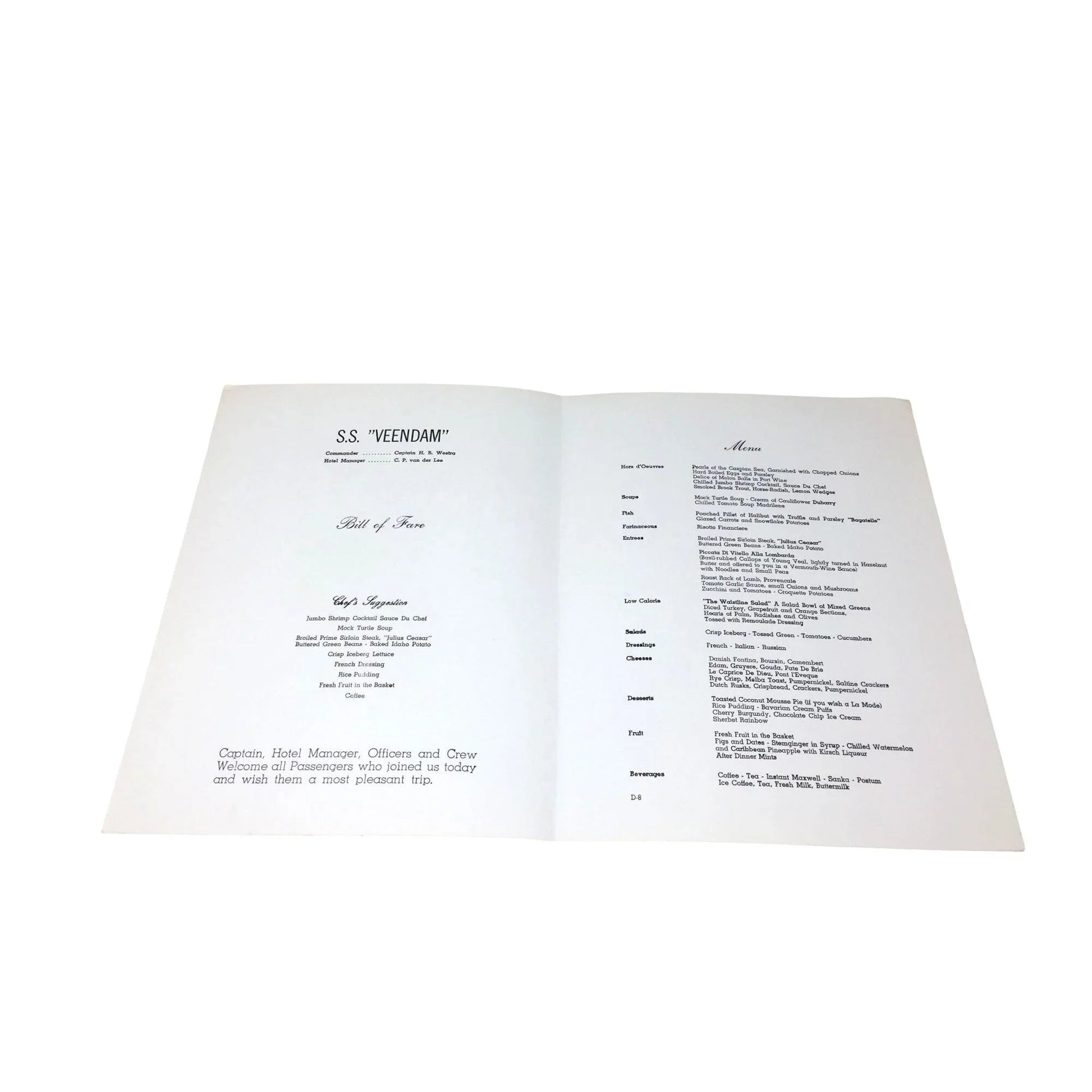 Vintage S.S "VEENDAM" Dinner Menu from Holland America Cruise Line - unbranded - A+ Stuff
