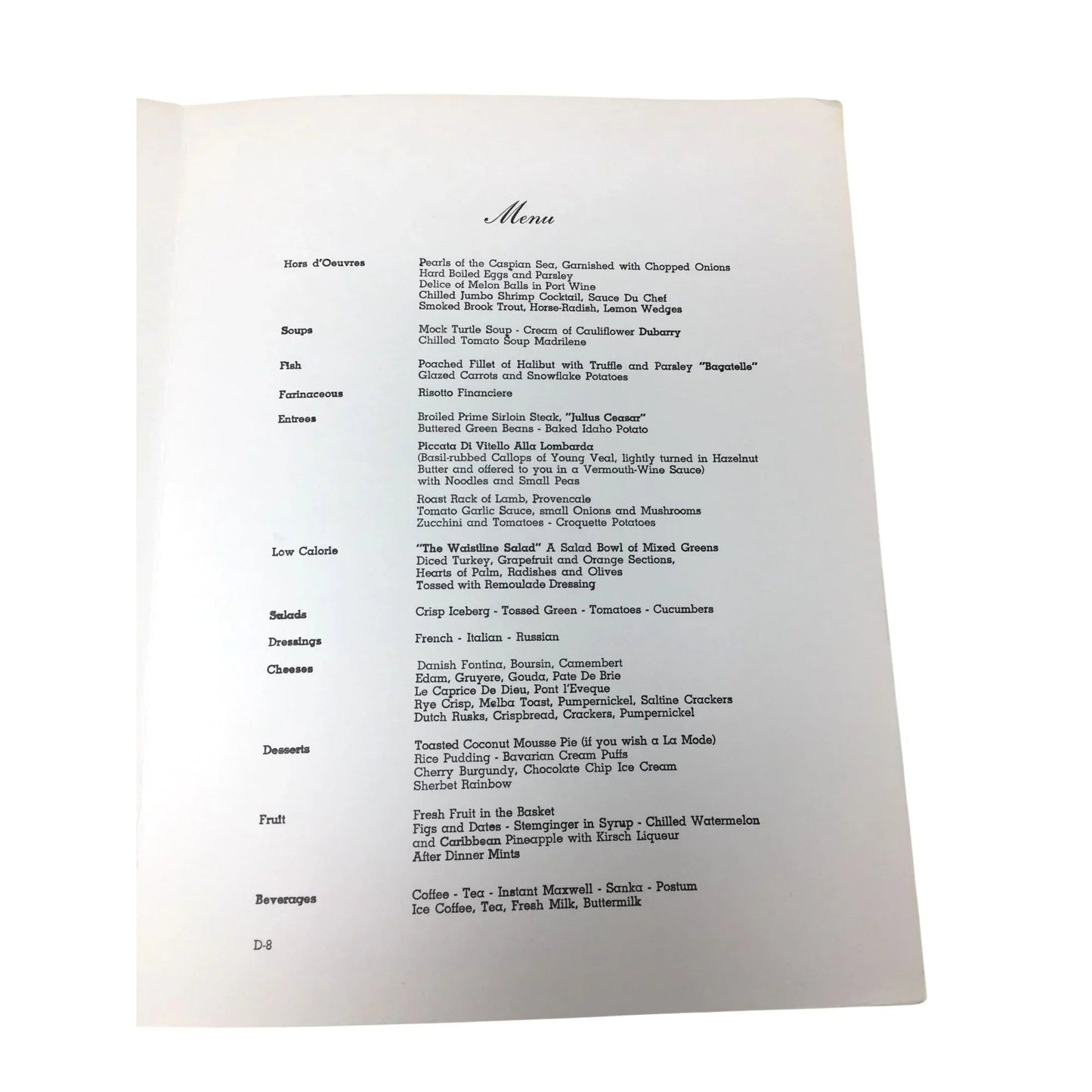 Vintage S.S "VEENDAM" Dinner Menu from Holland America Cruise Line - unbranded - A+ Stuff