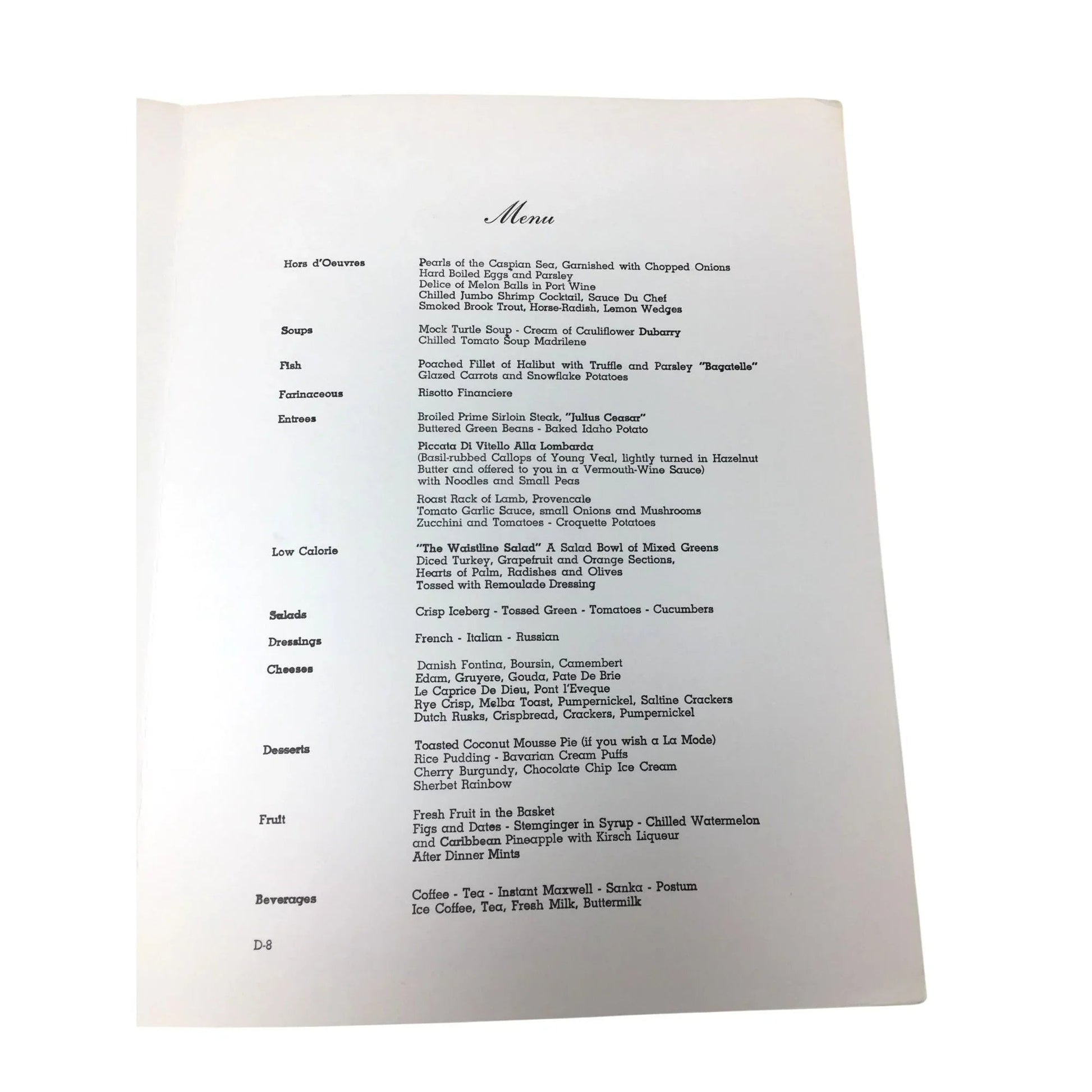 Vintage S.S "VEENDAM" Dinner Menu from Holland America Cruise Line - unbranded - A+ Stuff