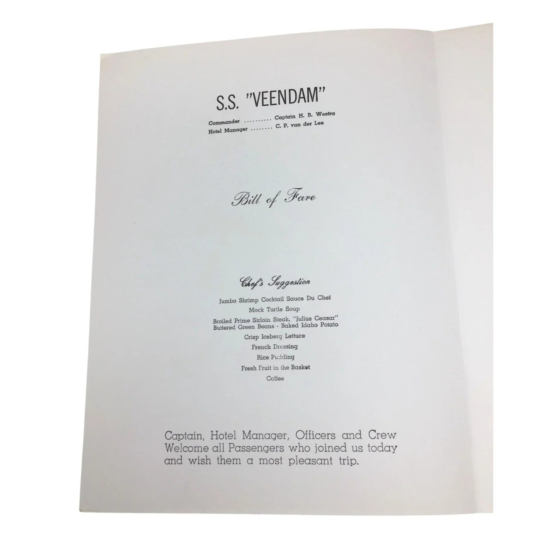 Vintage S.S "VEENDAM" Dinner Menu from Holland America Cruise Line - unbranded - A+ Stuff