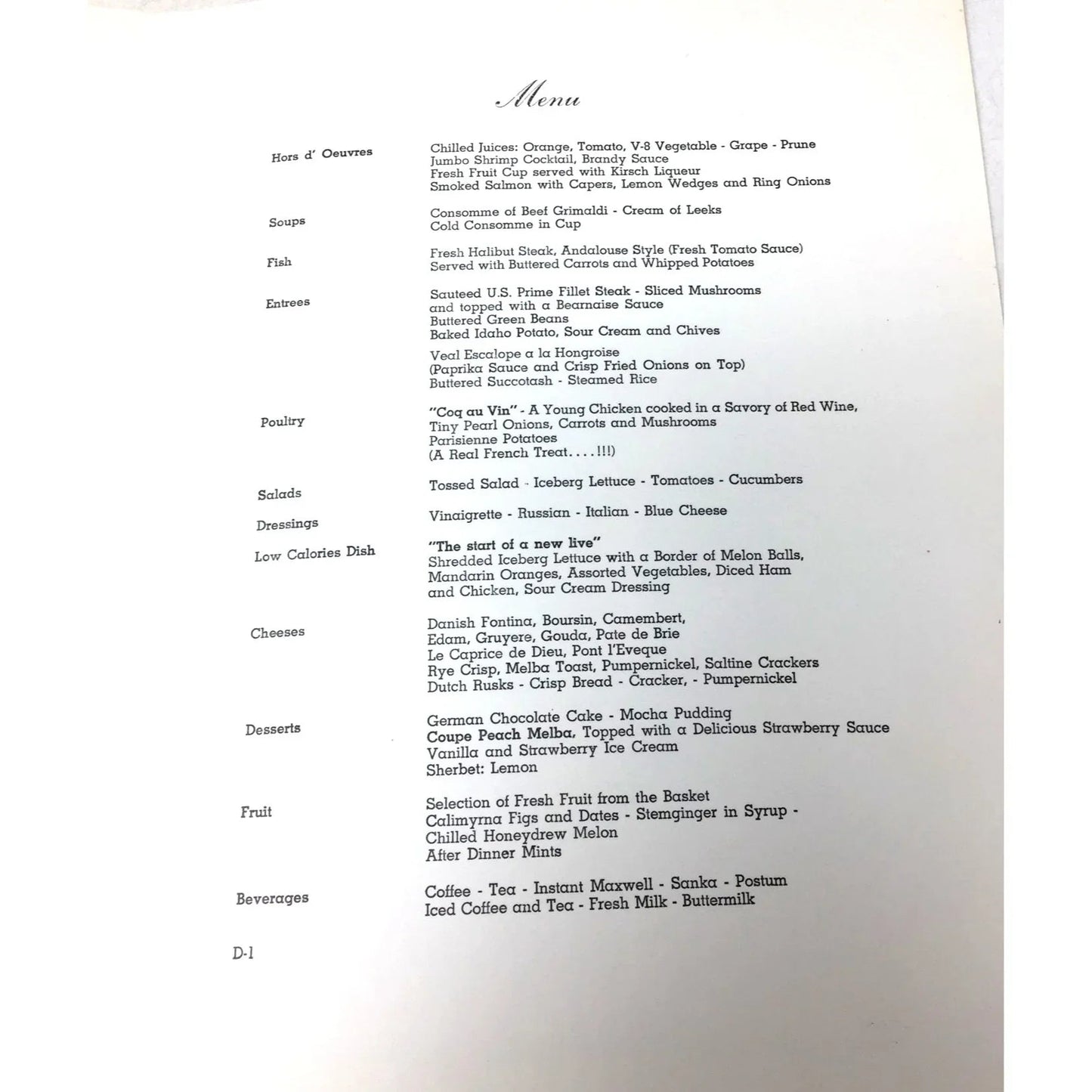 Vintage S.S "VEENDAM" Dinner Menu from Holland America Cruises - unbranded - A+ Stuff