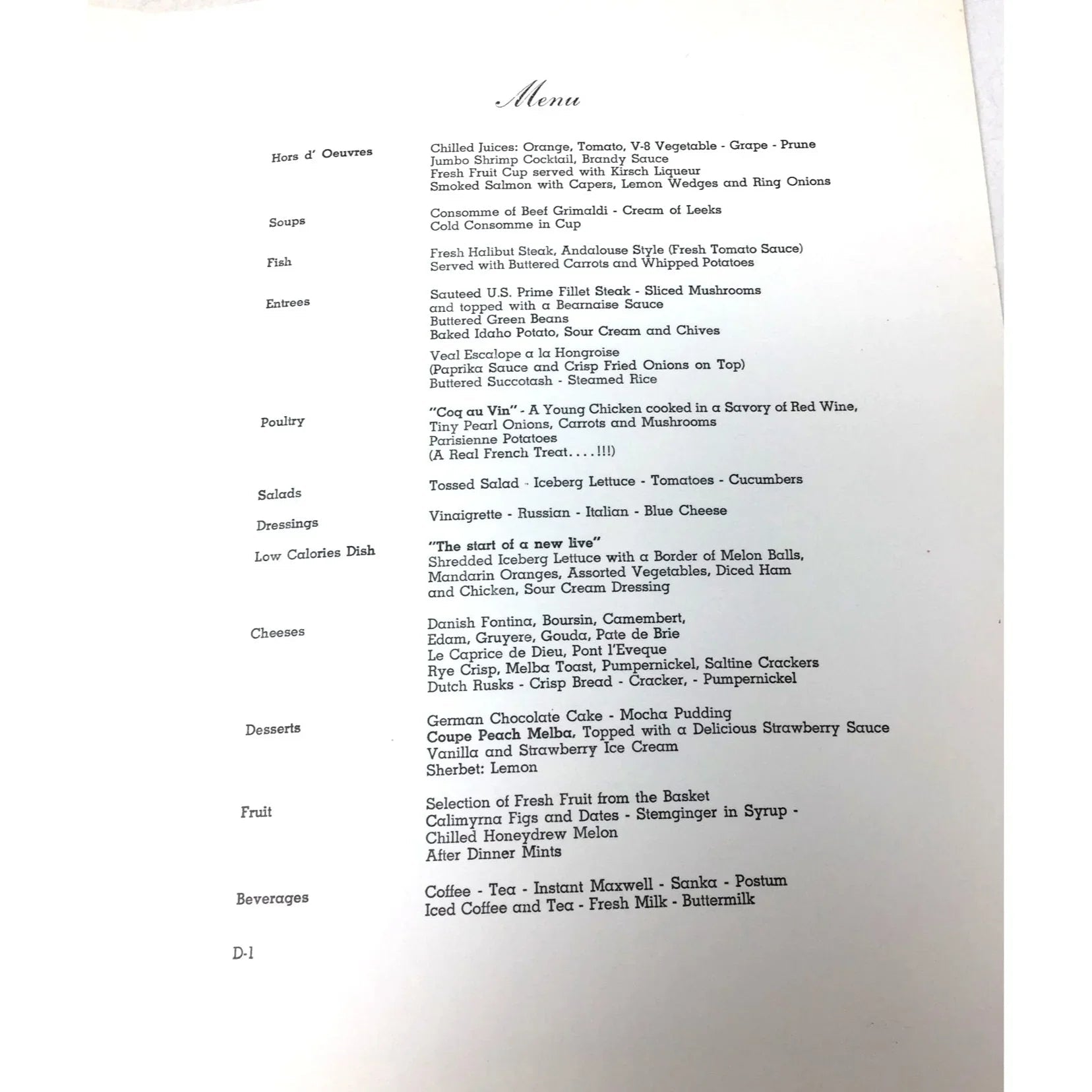 Vintage S.S "VEENDAM" Dinner Menu from Holland America Cruises - unbranded - A+ Stuff