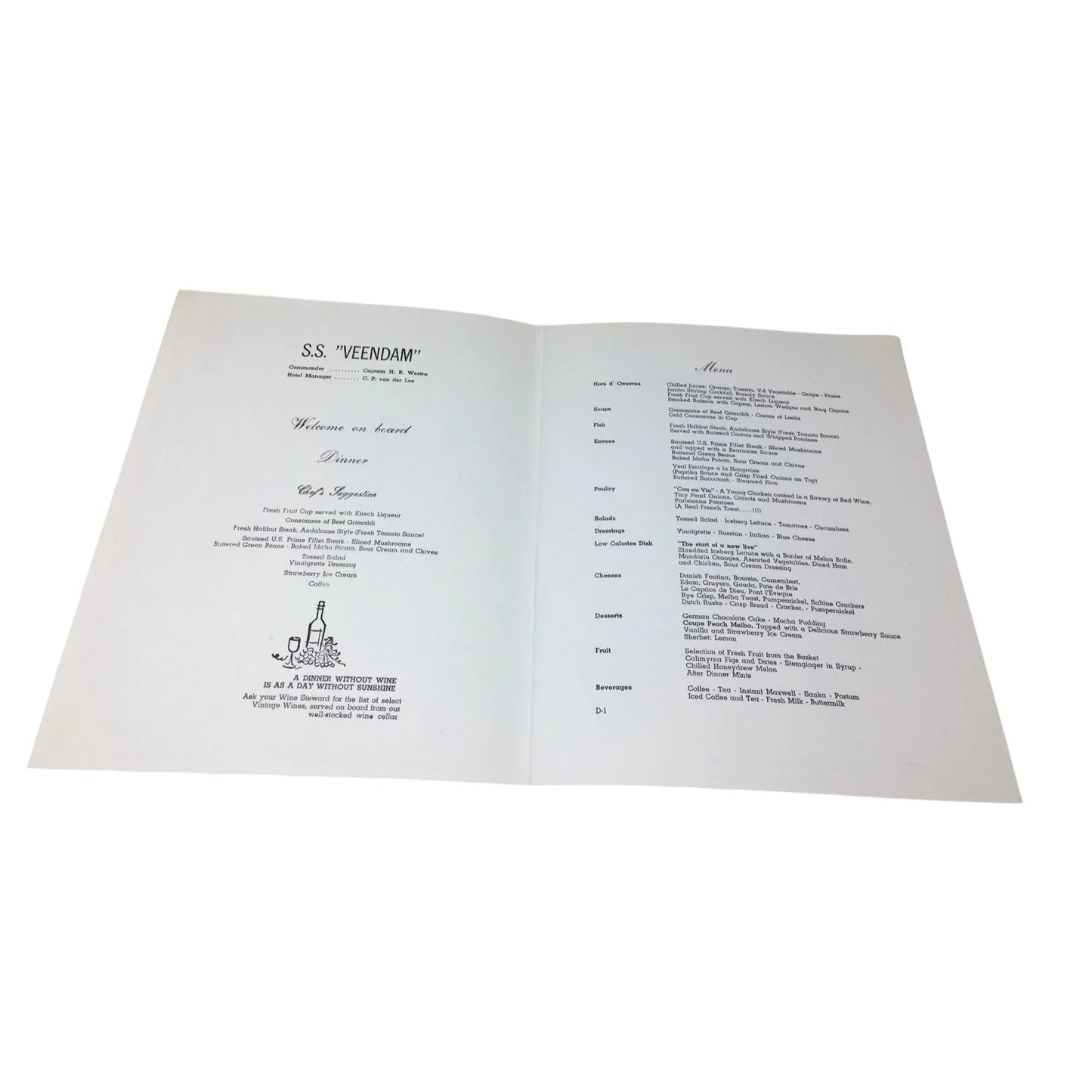 Vintage S.S "VEENDAM" Dinner Menu from Holland America Cruises - unbranded - A+ Stuff