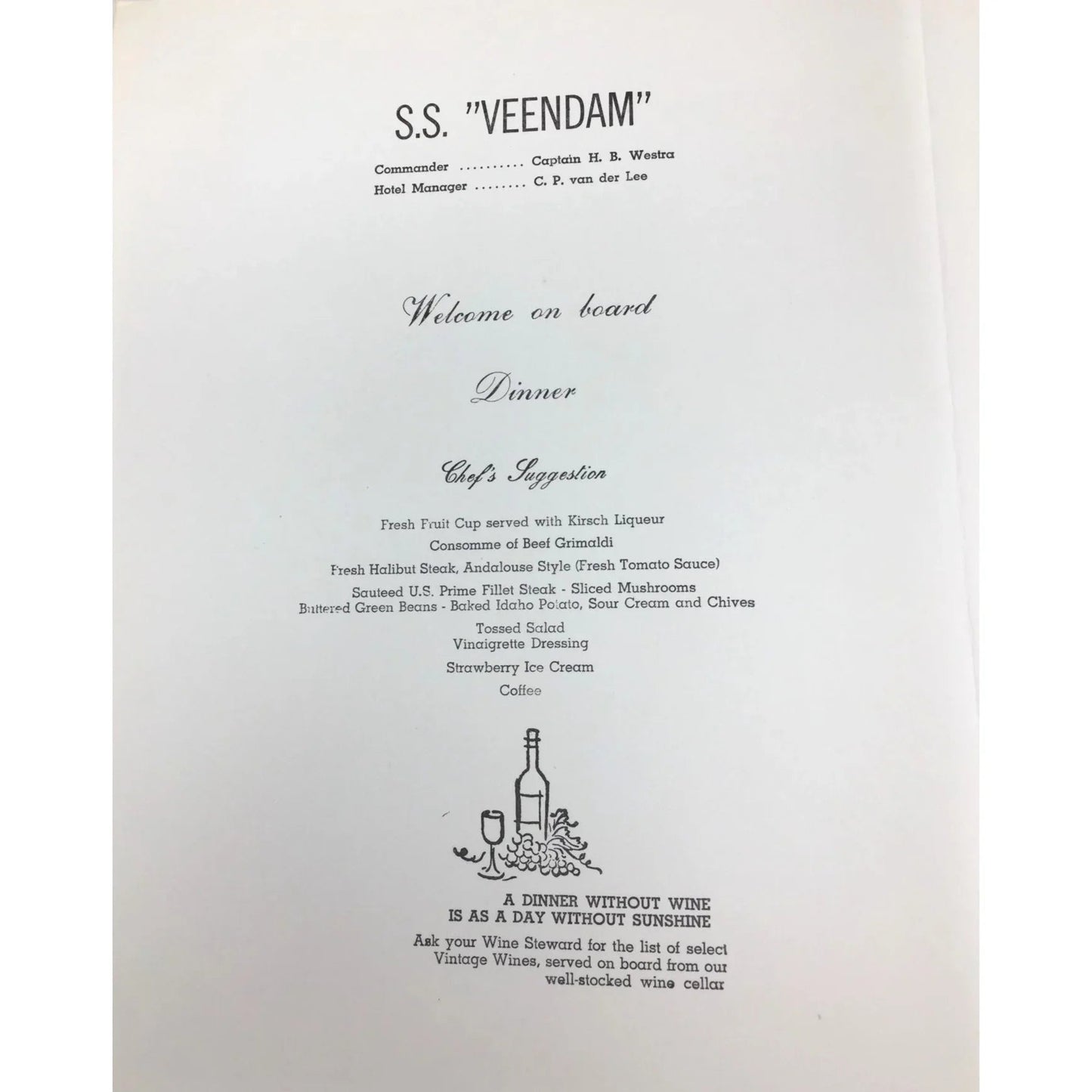 Vintage S.S "VEENDAM" Dinner Menu from Holland America Cruises - unbranded - A+ Stuff