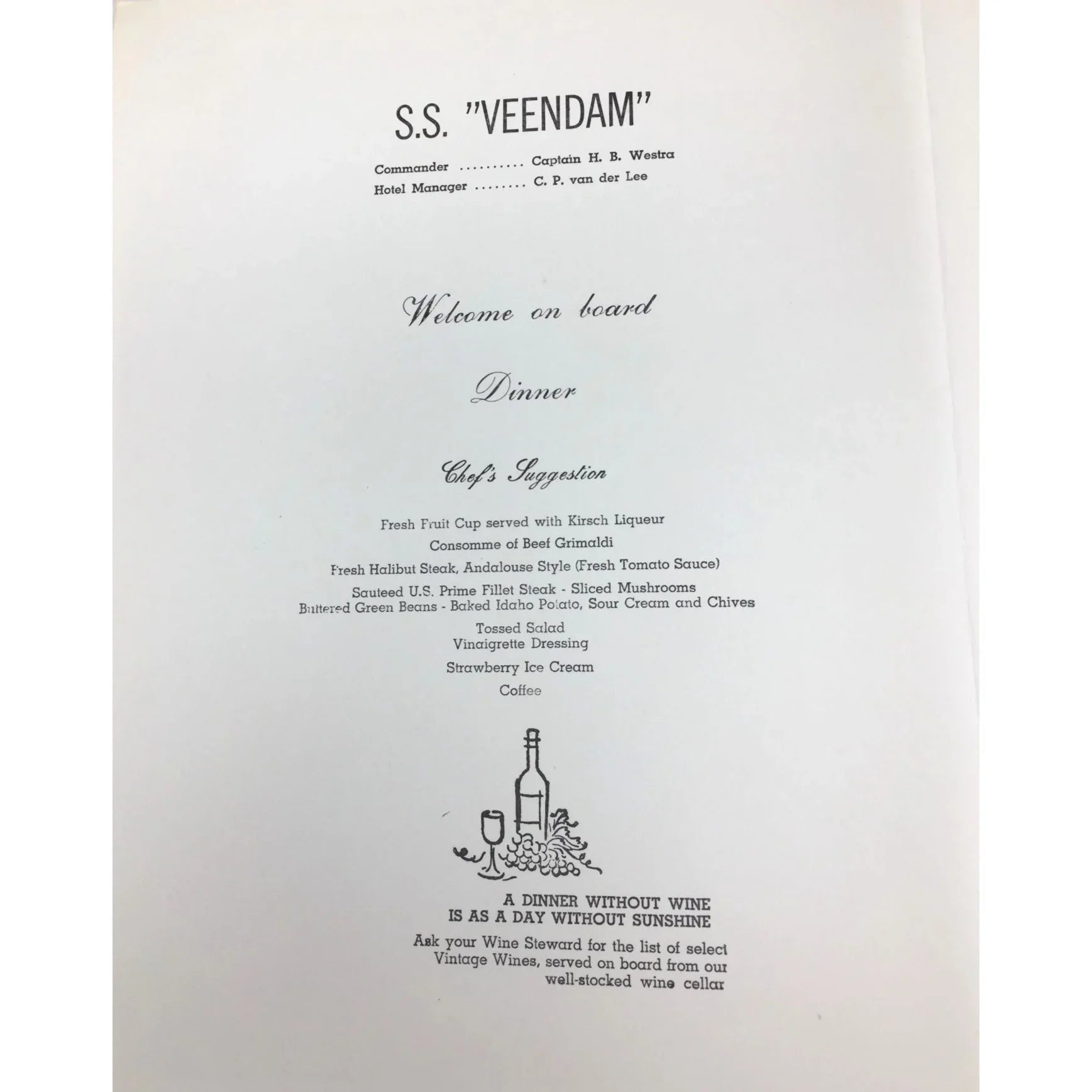 Vintage S.S "VEENDAM" Dinner Menu from Holland America Cruises - unbranded - A+ Stuff